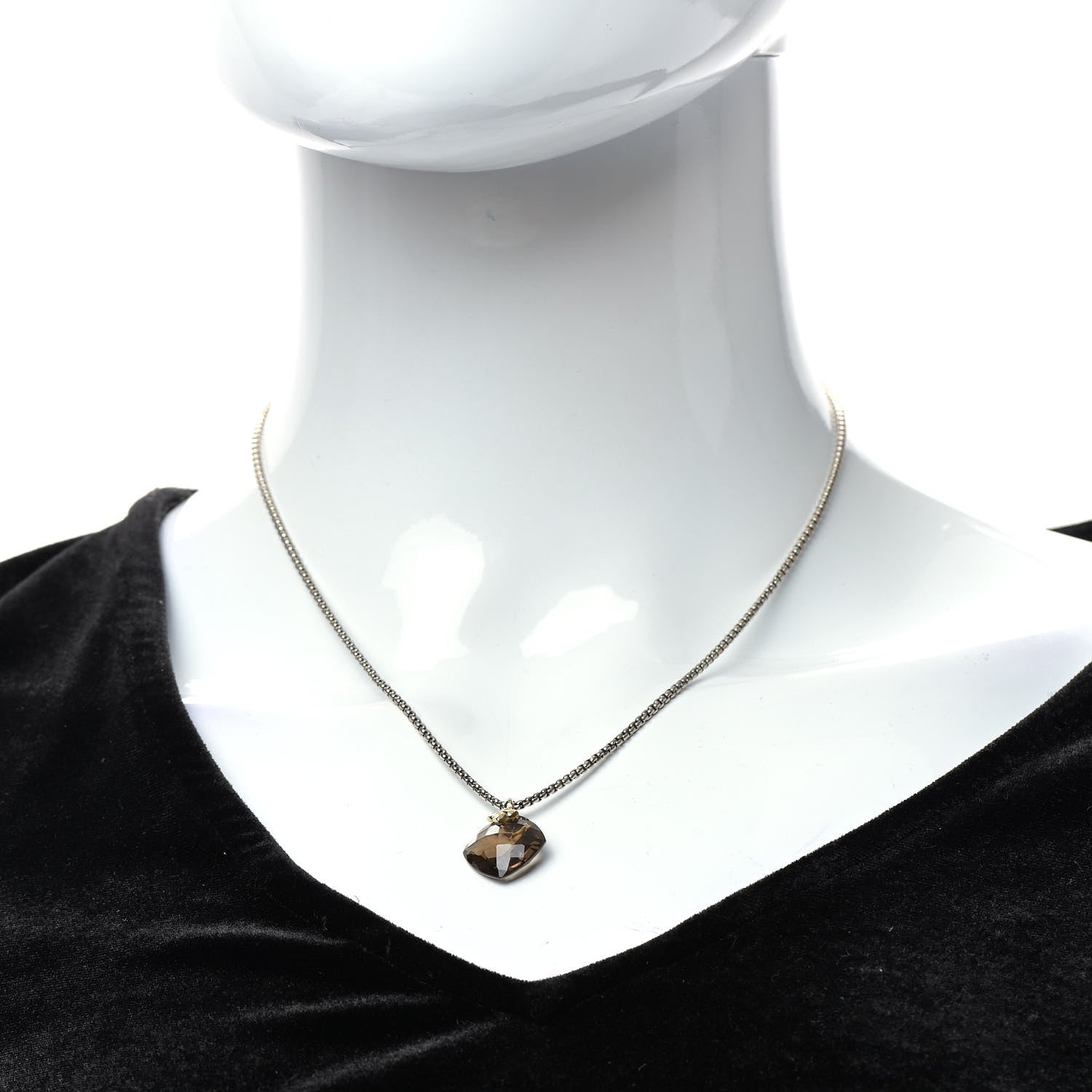 David Yurman Sterling Silver 18K Yellow Gold Smoky Quartz Cushion Capri Pendant Necklace 2 of 4