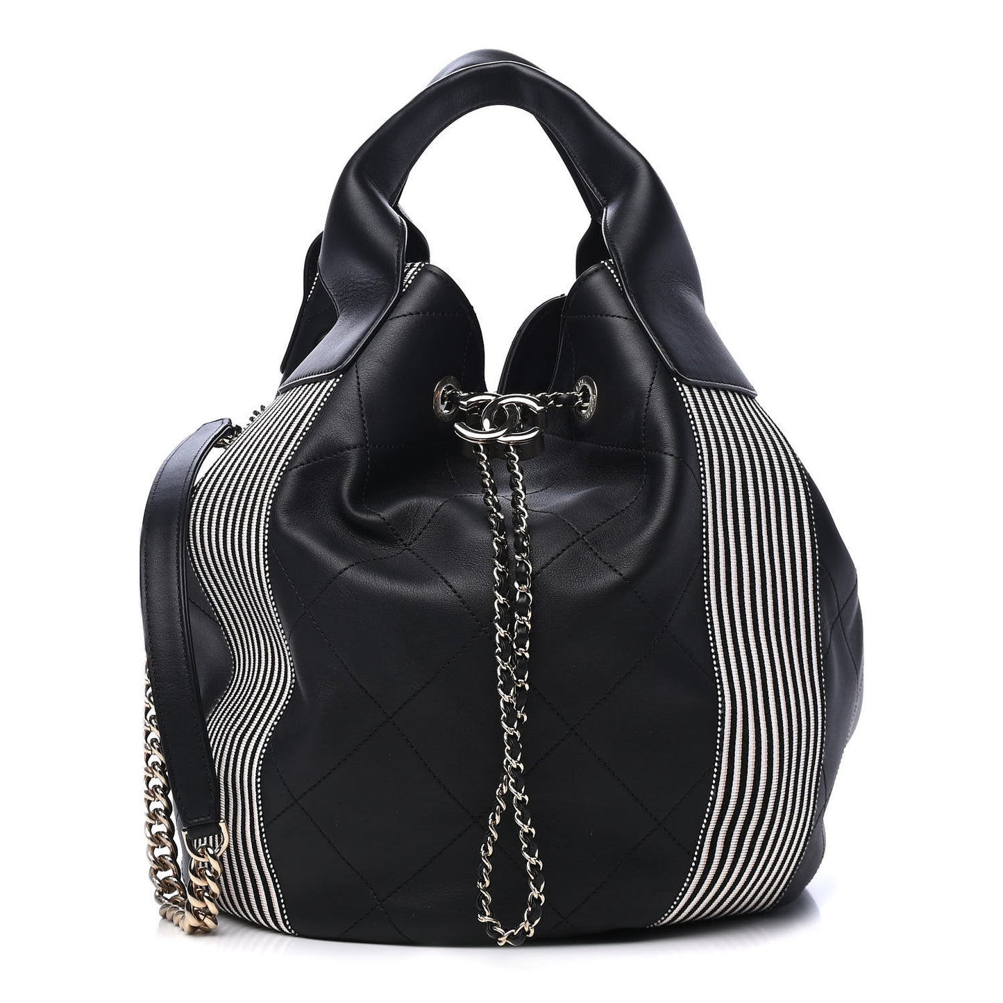 Calfskin Stitched Striped CC Drawstring Bag Black