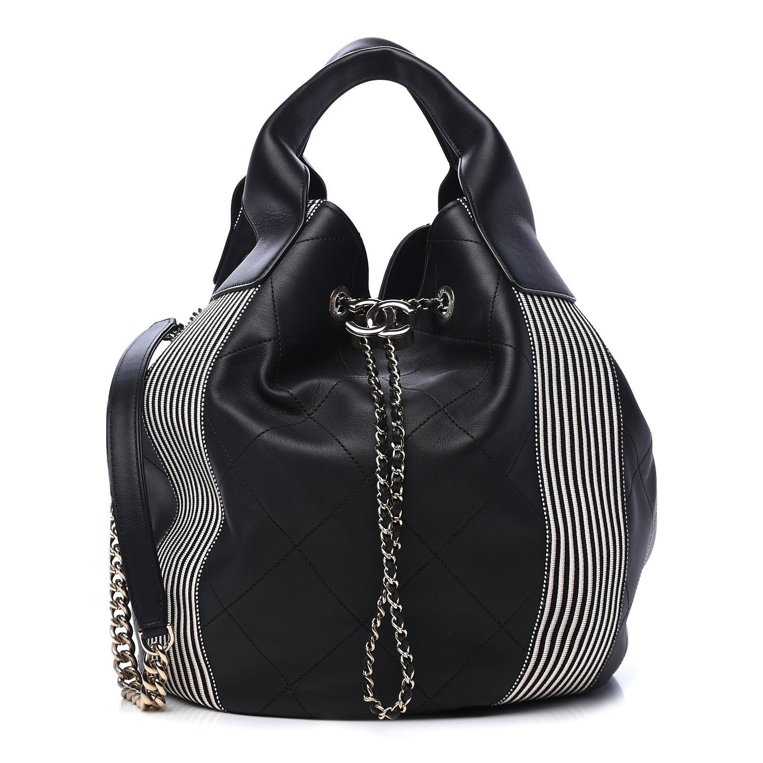 Chanel Calfskin Stitched Striped CC Drawstring Bag Black 1 of 4