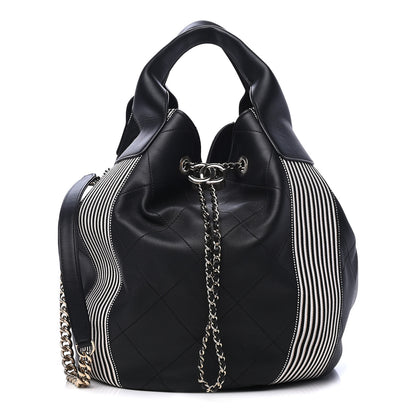Chanel Calfskin Stitched Striped CC Drawstring Bag Black 1 of 4
