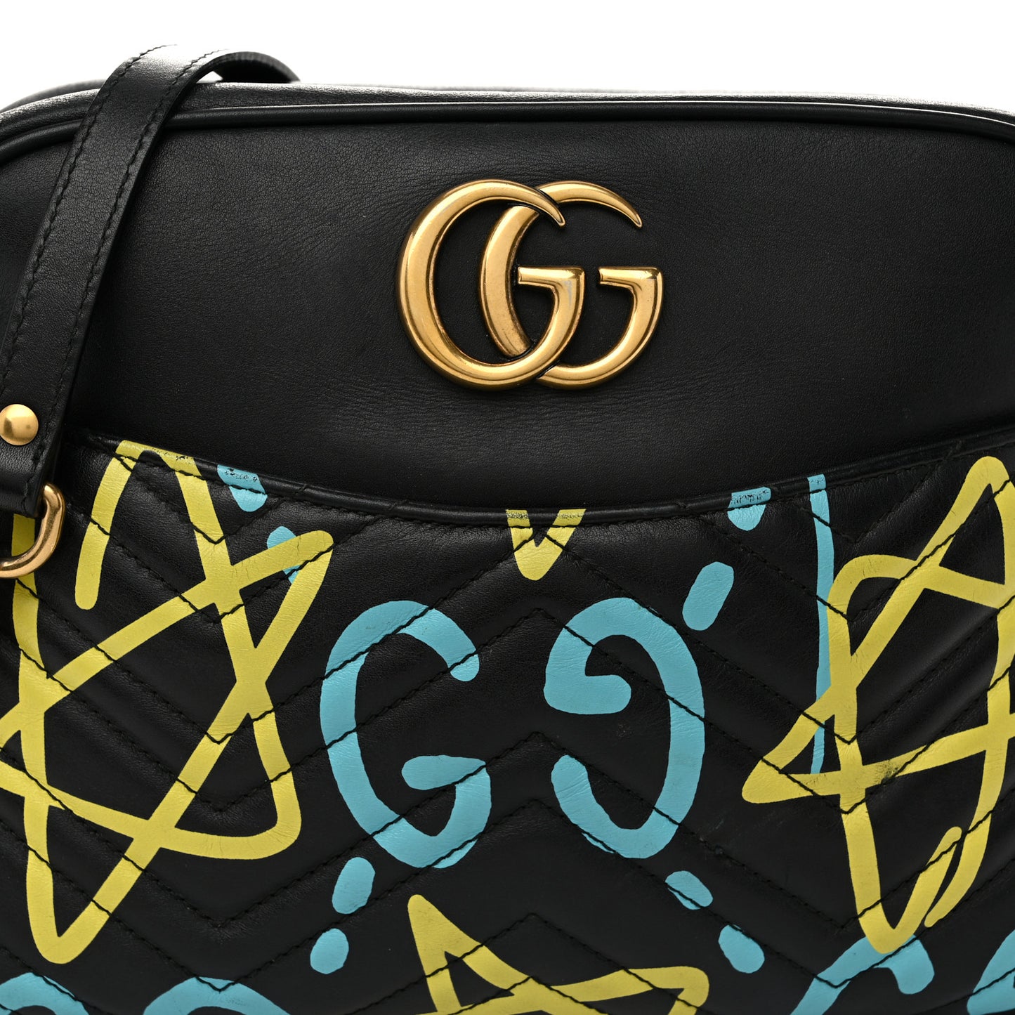 Calfskin Matelasse GucciGhost Medium GG Marmont Chain Shoulder Bag Black New Acquamarine