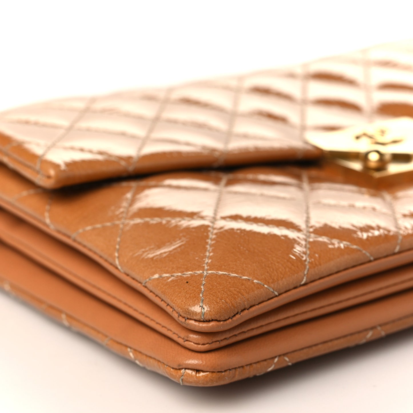 Patent Goatskin Quilted Small 3 Pocket Accordion Flap Brown