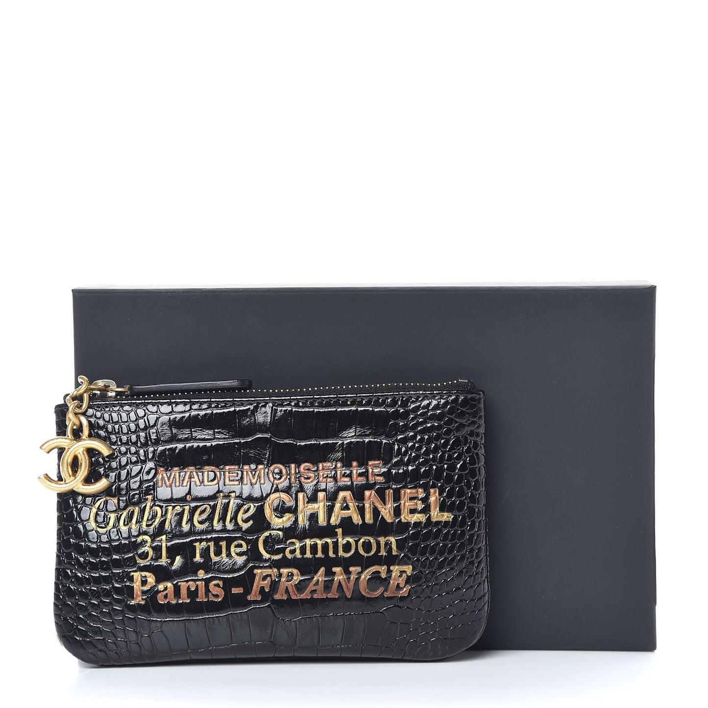 Calfskin Crocodile Embossed Cocodile Cosmetic Case Black Gold