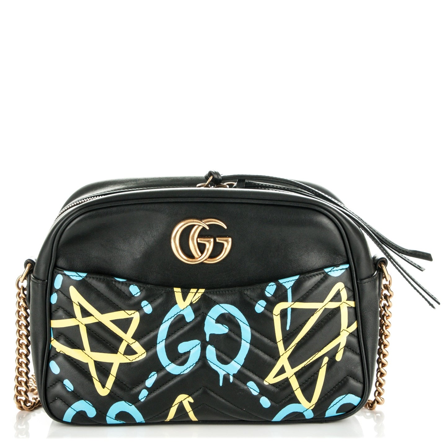Calfskin Matelasse GucciGhost Medium GG Marmont Chain Shoulder Bag Black New Acquamarine
