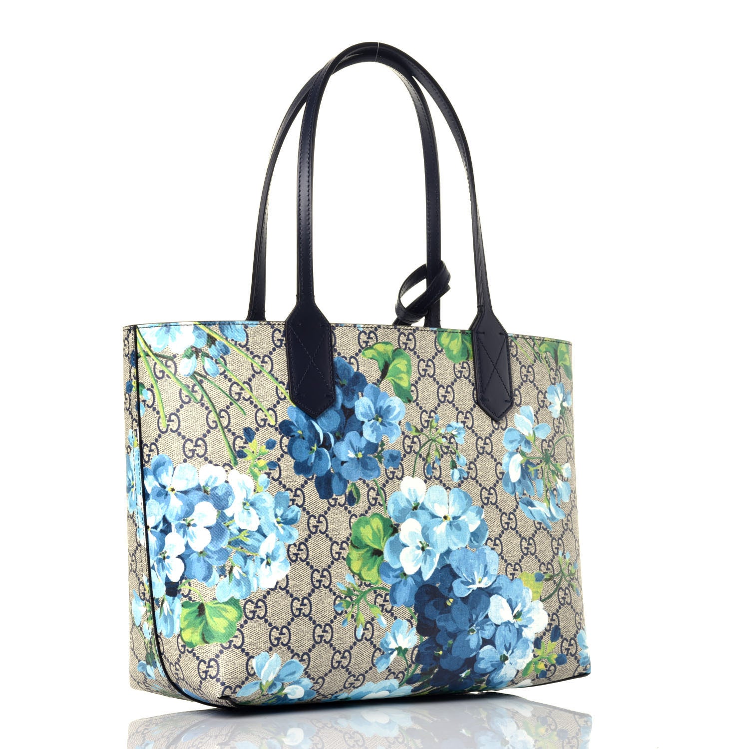 Gucci GG Supreme Monogram Blooms Small Reversible Tote Beige Blue Navy 7 of 30