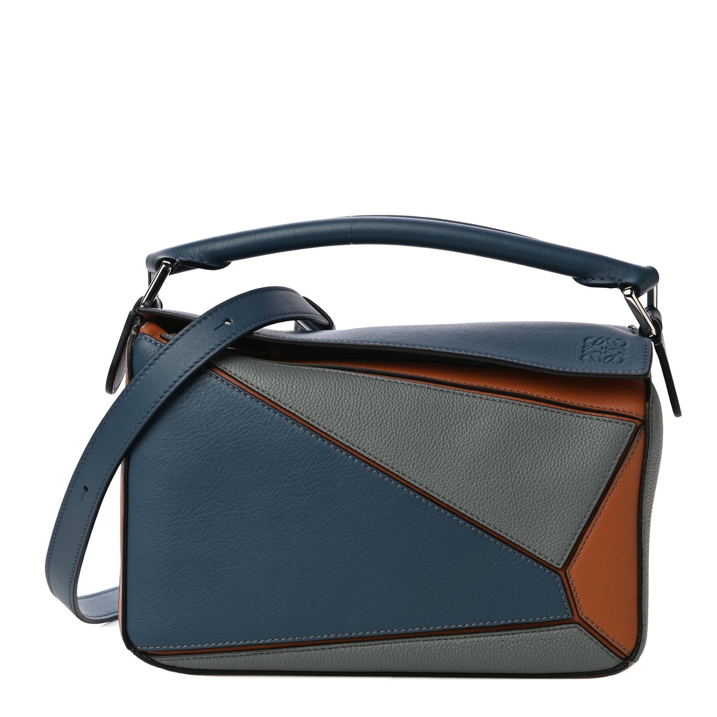 Calfskin Small Puzzle Bag Stone Blue Indigo Tan