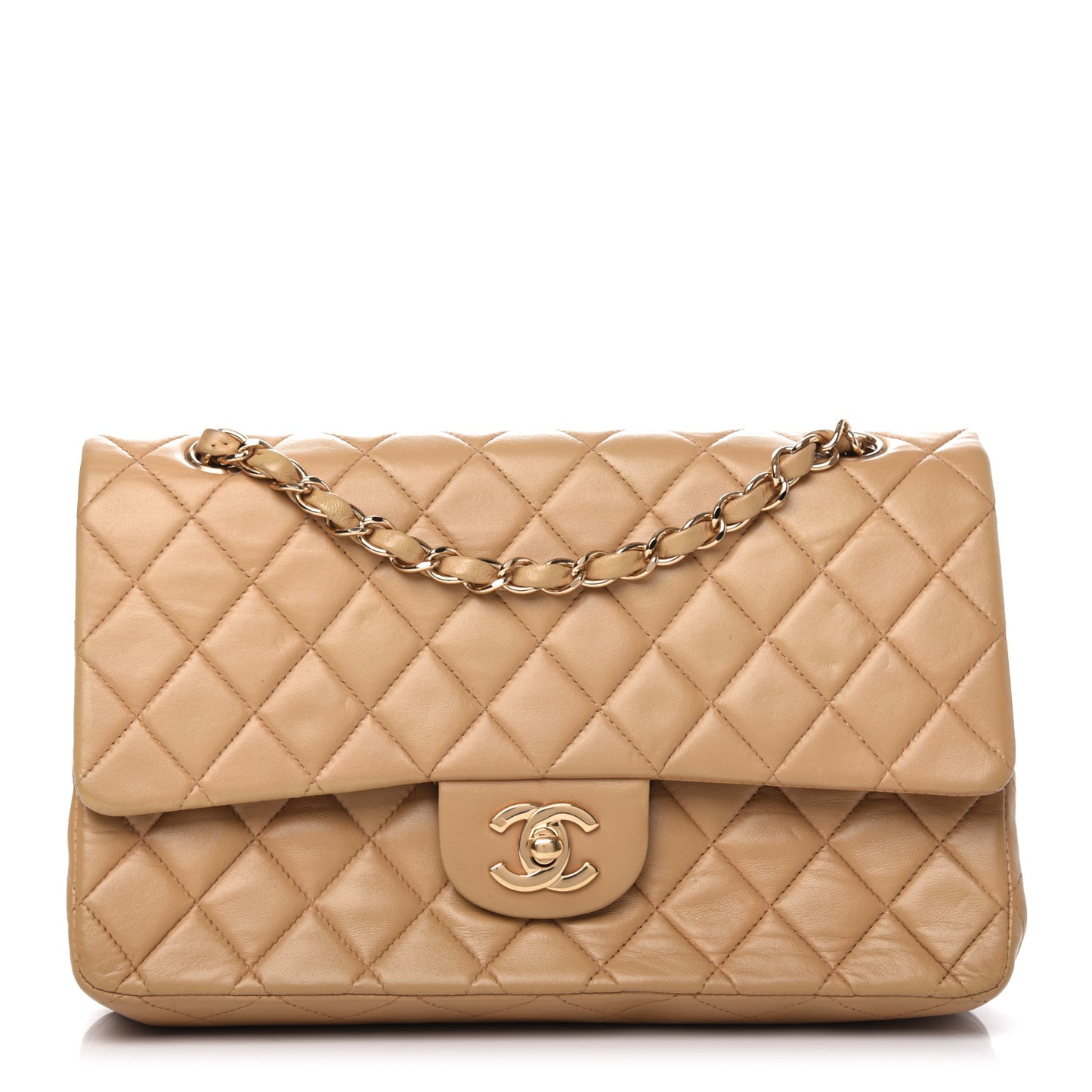 Lambskin Quilted Medium Double Flap Beige
