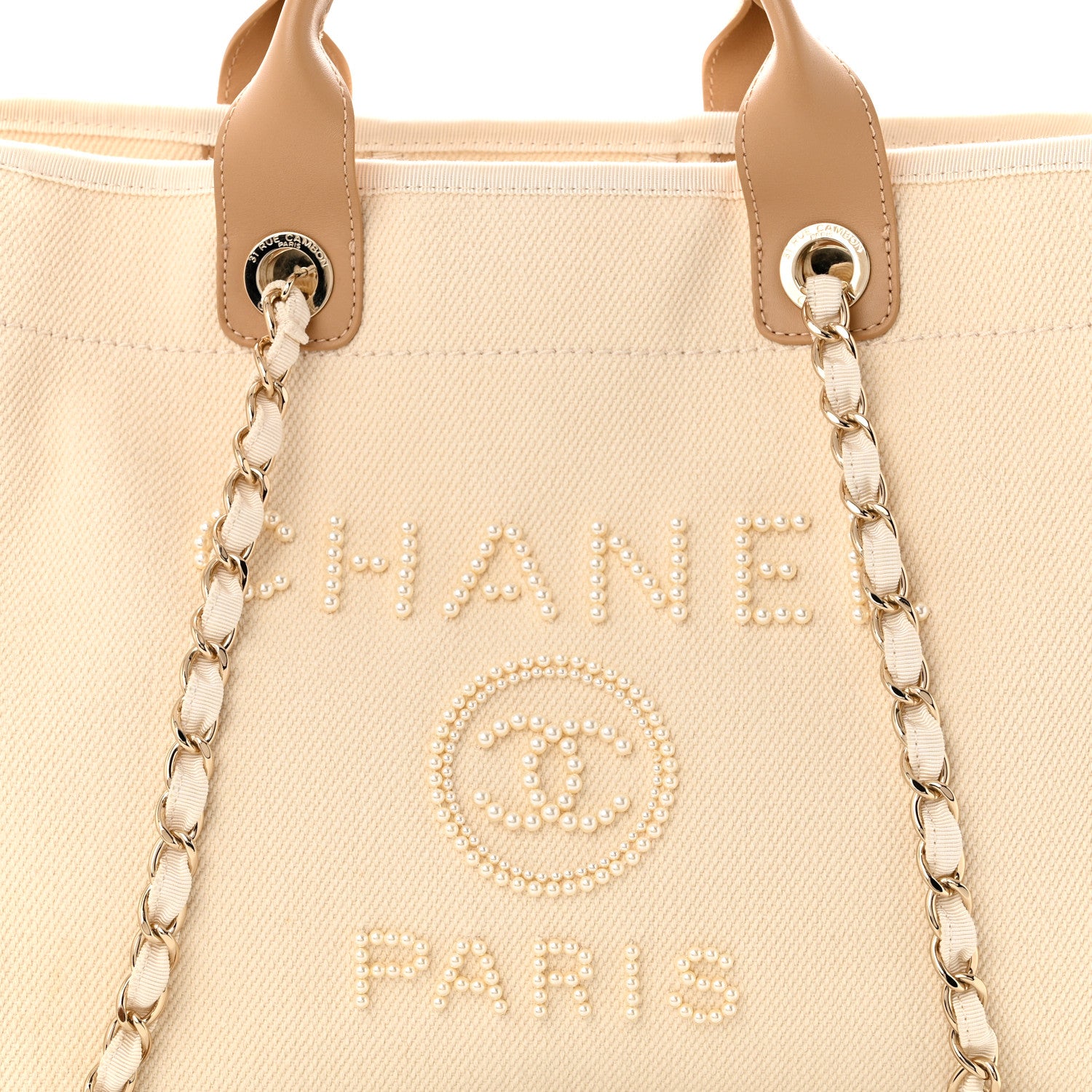 Chanel Canvas Pearl Medium Deauville Tote Ecru Beige 8 of 10