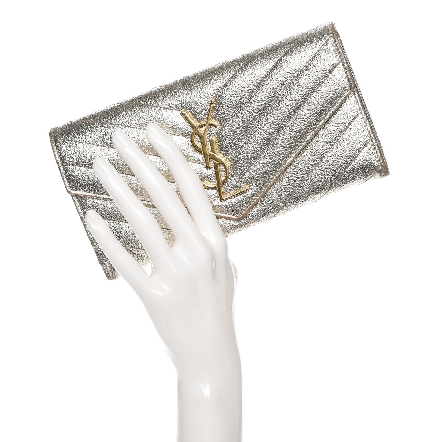 Metallic Crackled Calfskin Matelasse Chevron Monogram Flap Wallet Gold