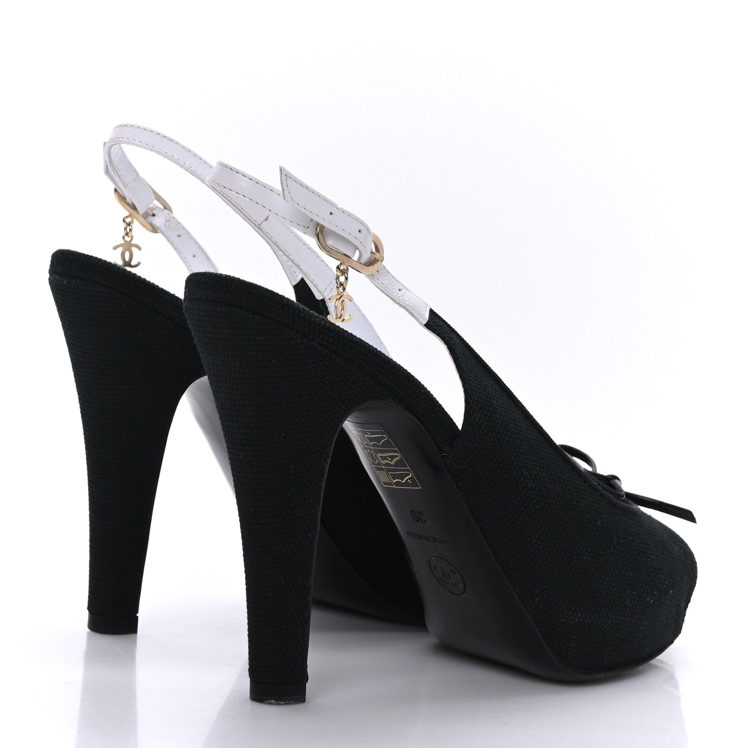 Chanel Canvas Peep Toe Slingback Pumps 39 Black White 4 of 7