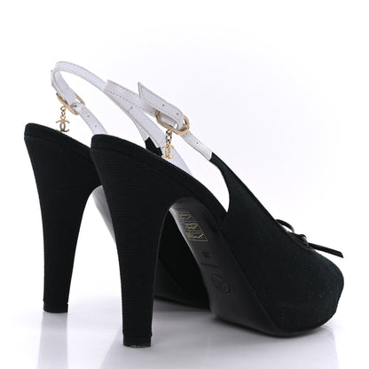 Chanel Canvas Peep Toe Slingback Pumps 39 Black White 4 of 7