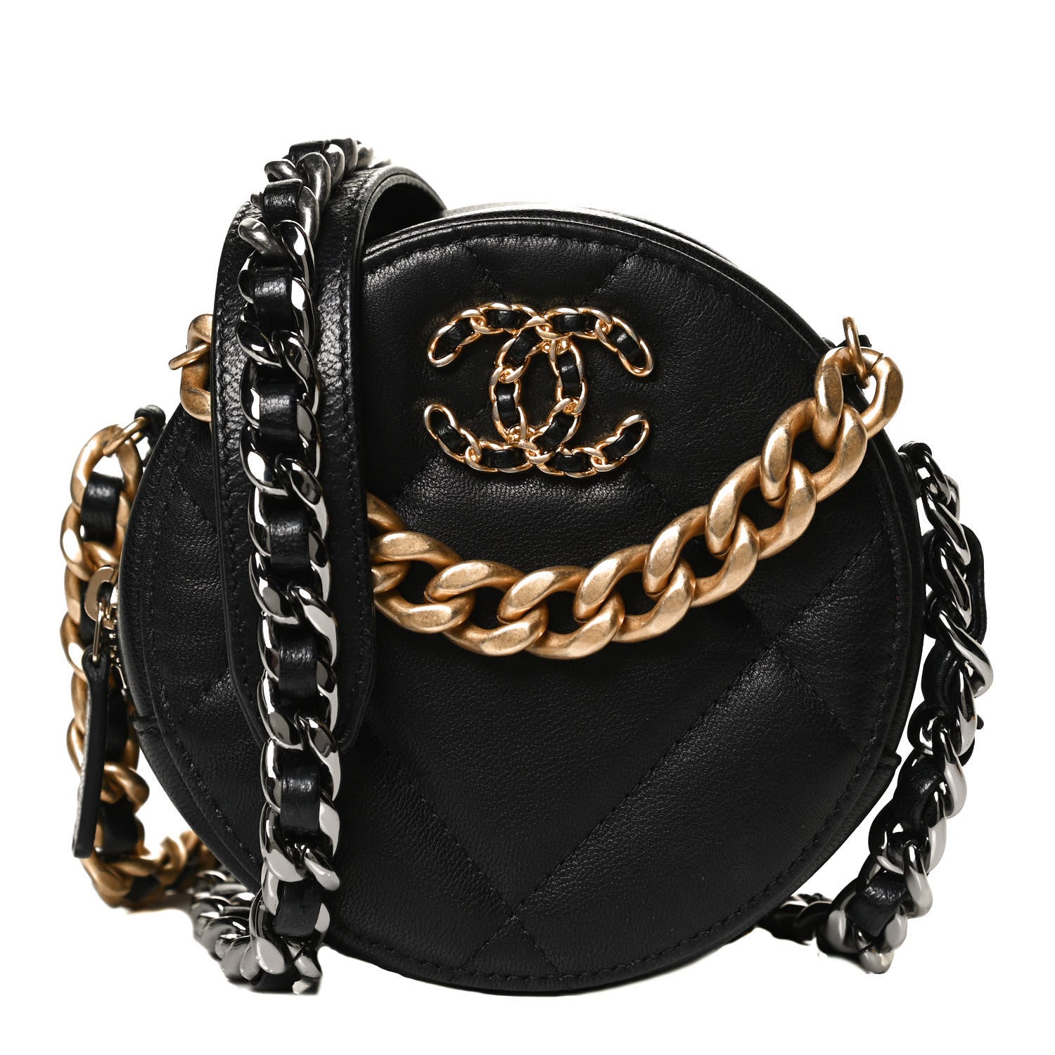 Chanel Goatskin Quilted Chanel 19 Round Clutch With Chain Black 1 of 11
