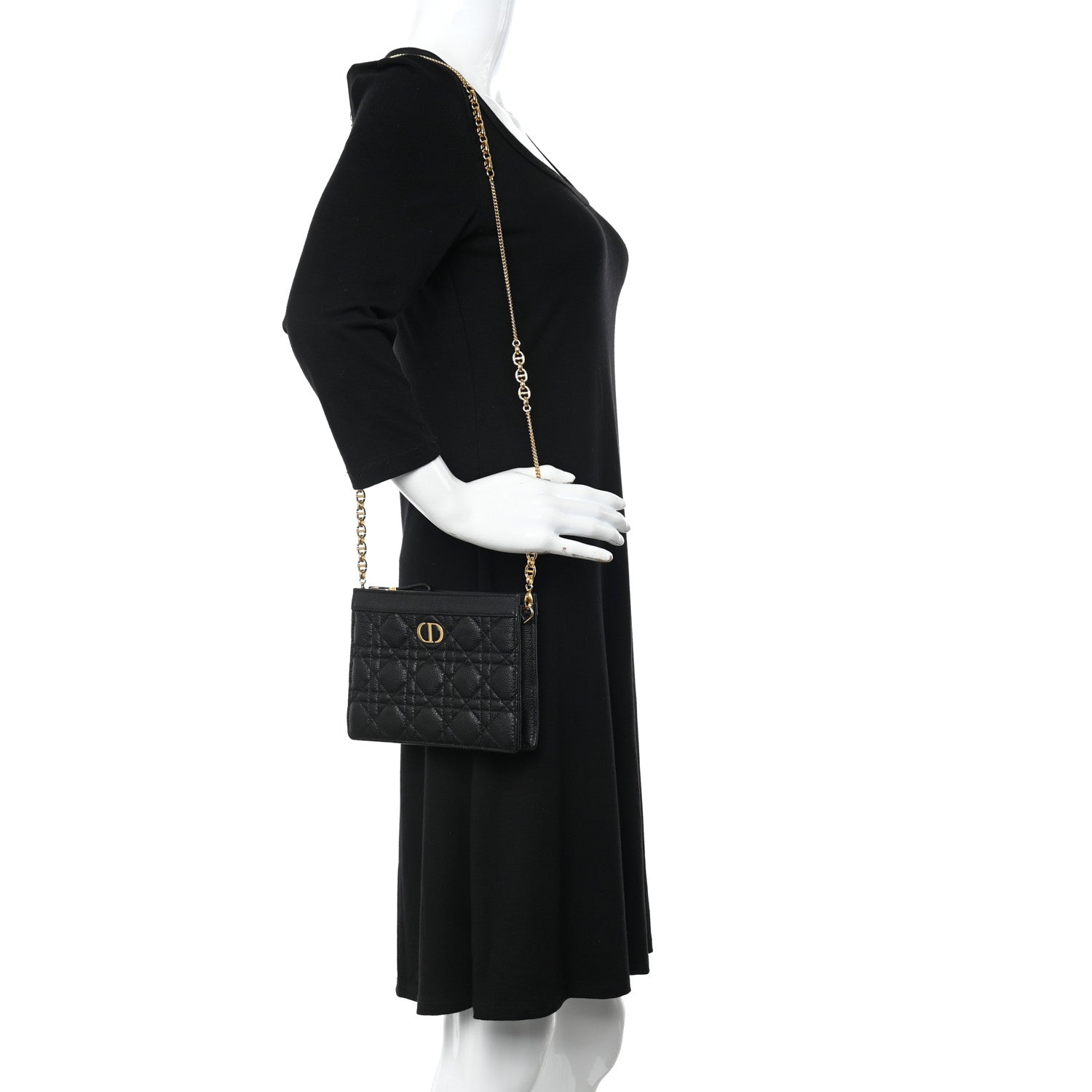 Christian Dior Calfskin Cannage Caro Zipped Pouch With Chain Black 2 of 11