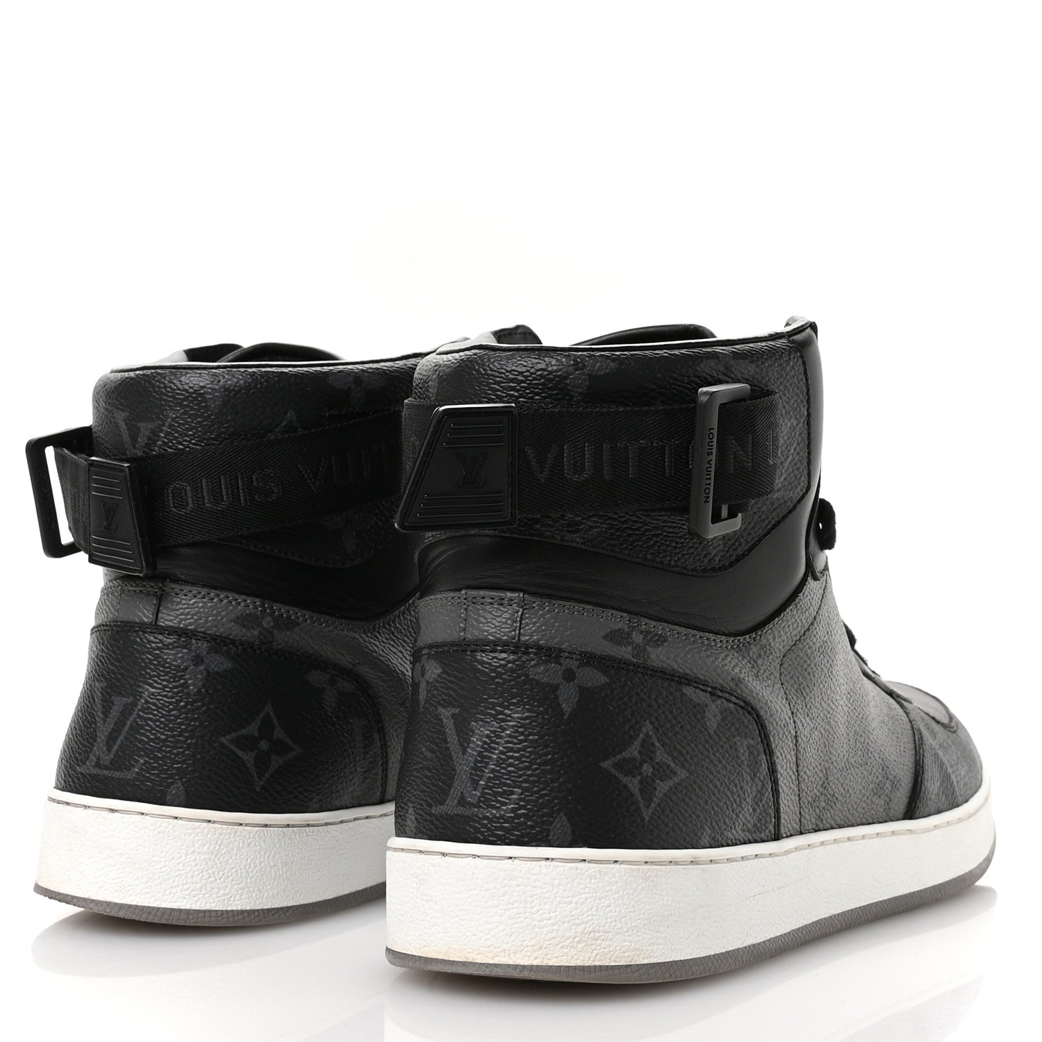 Louis Vuitton Calfskin Monogram Eclipse Mens Rivoli High Top Sneakers 10 Black Grey 5 of 8