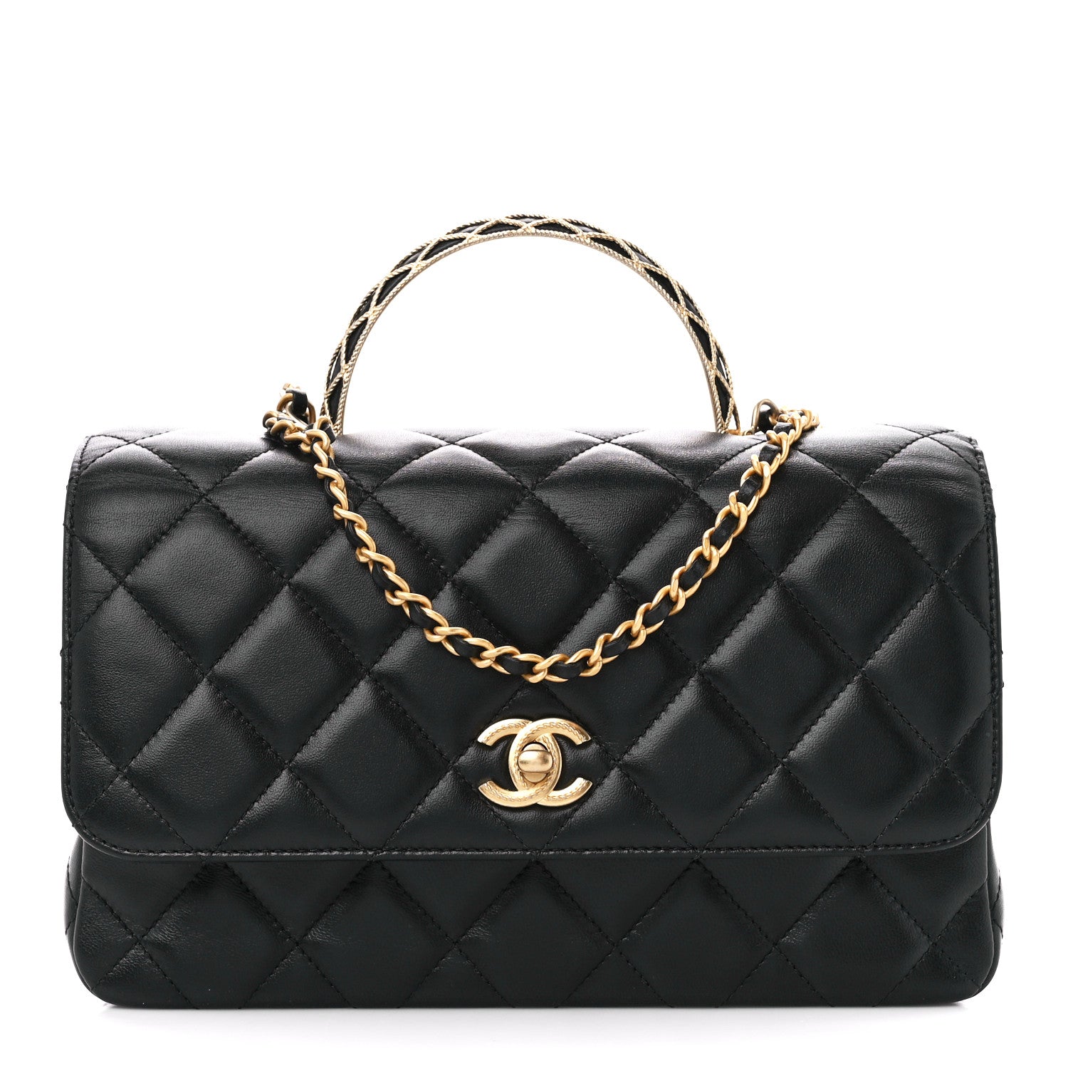 Chanel Lambskin Metal Quilted Twist Top Handle Flap With Chain Black 1 of 11