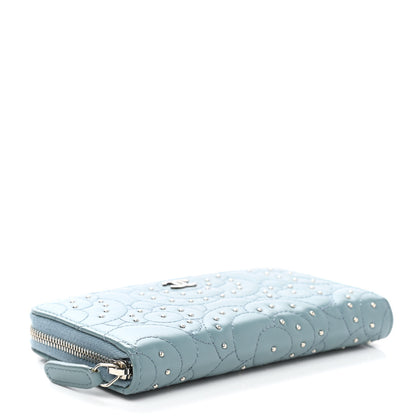 Chanel Lambskin Camellia Embossed Studded Medium Zip Around Blue 4 of 9