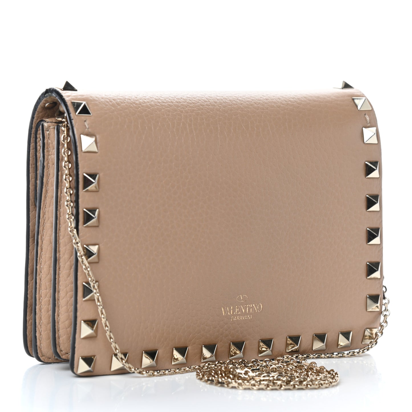 Pebbled Calfskin Rockstud Wallet on Chain Camel Rose