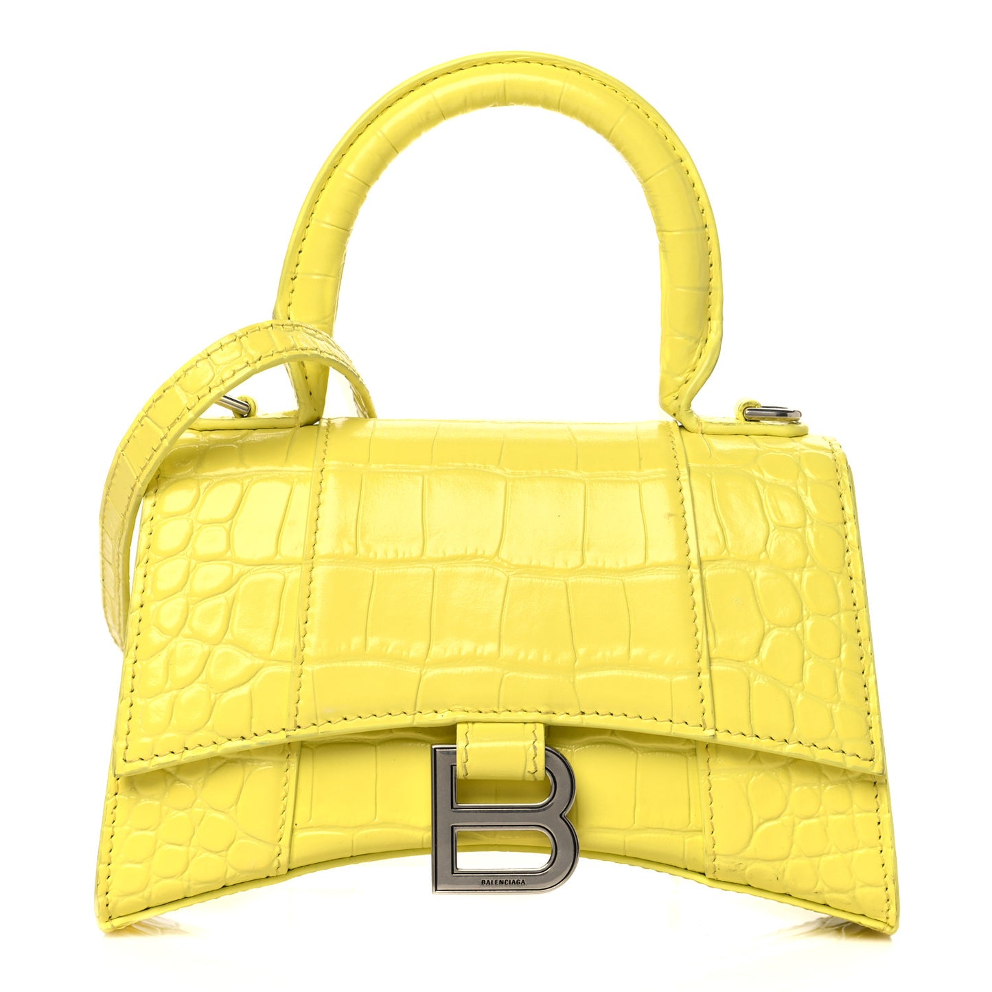 Shiny Calfskin Crocodile Embossed Hourglass Top Handle Bag XS Light Yellow