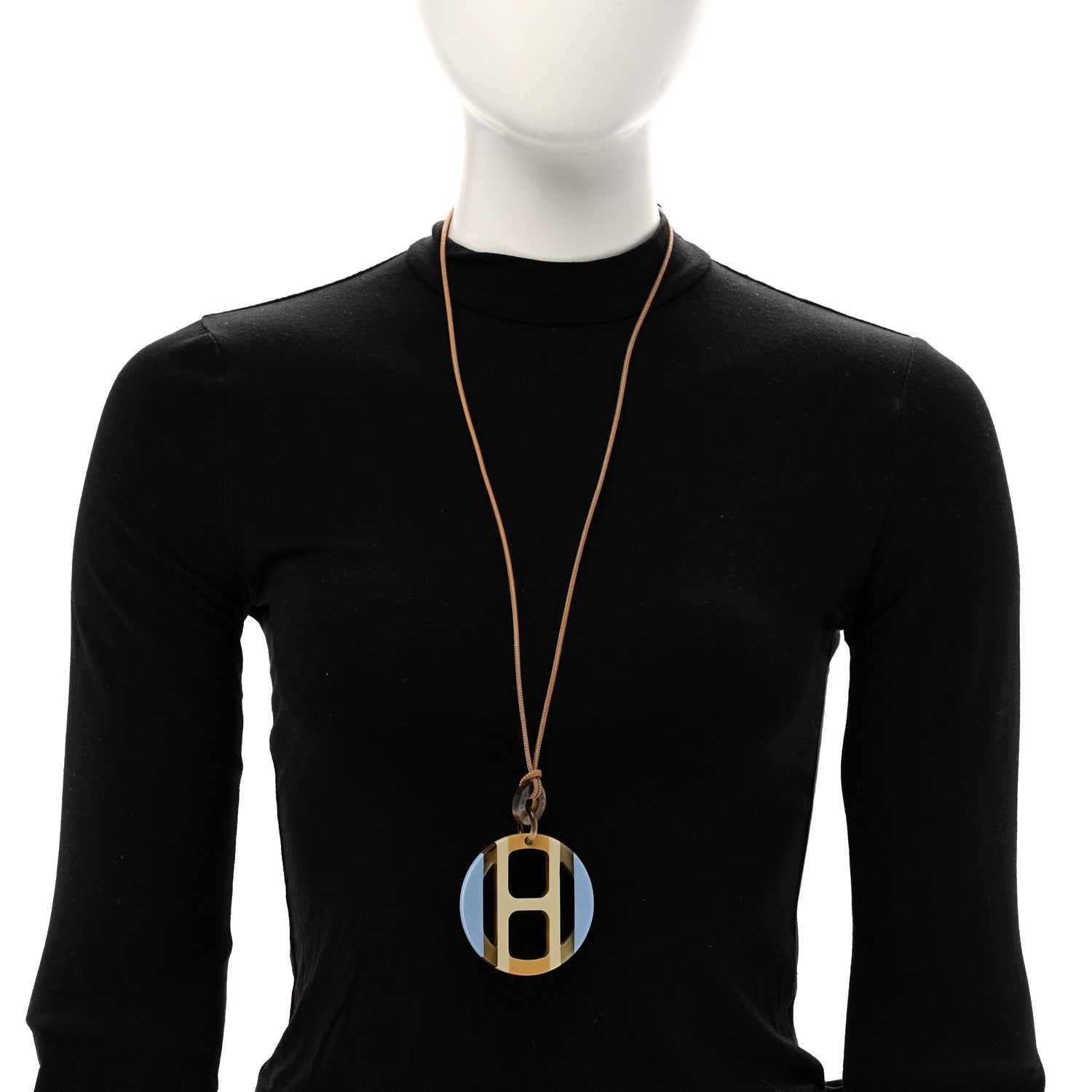 Hermes Buffalo Horn Lacquer H Equipe Pendant Necklace Bleu Chardon 2 of 7