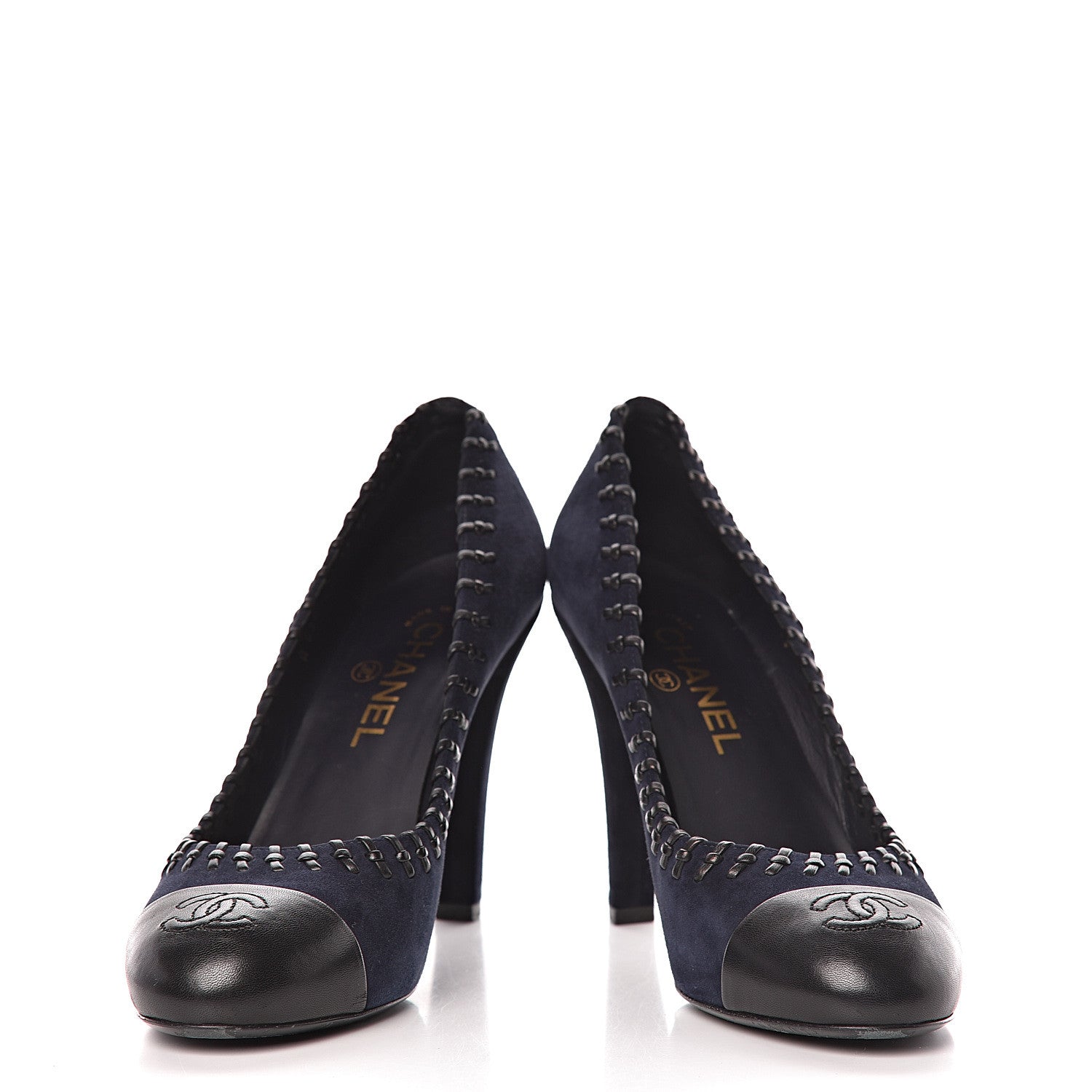 Chanel Suede Lambskin Cap Toe Pumps 39 Navy Black 5 of 13