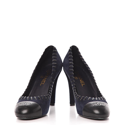 Chanel Suede Lambskin Cap Toe Pumps 39 Navy Black 5 of 13