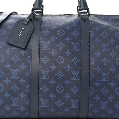 Louis Vuitton Calfskin Monogram Shadow Keepall Bandouliere 50 Navy 6 of 9