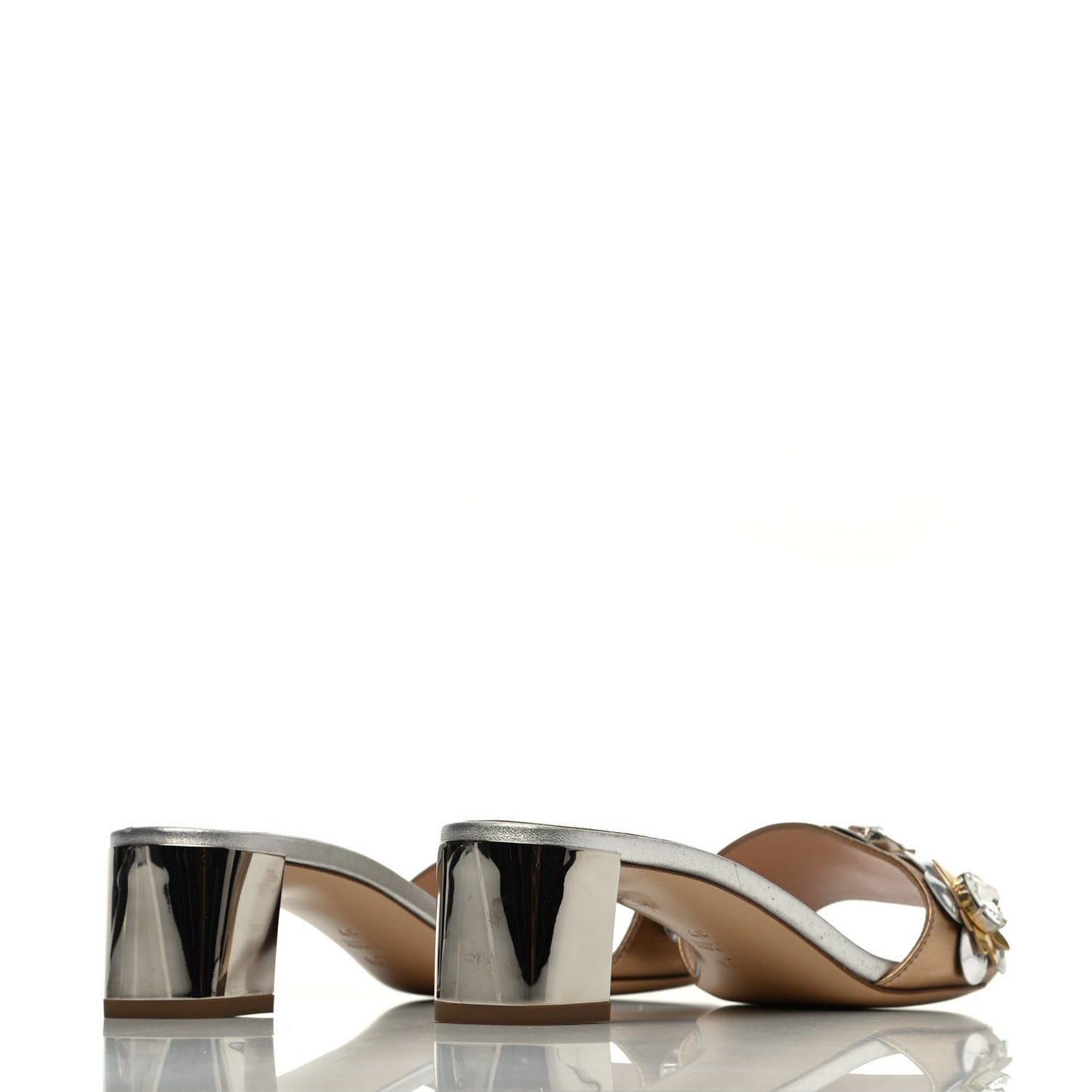 Metallic Calfskin Crystal Flowerland Slide Sandals 37 Argento Bronze Gold