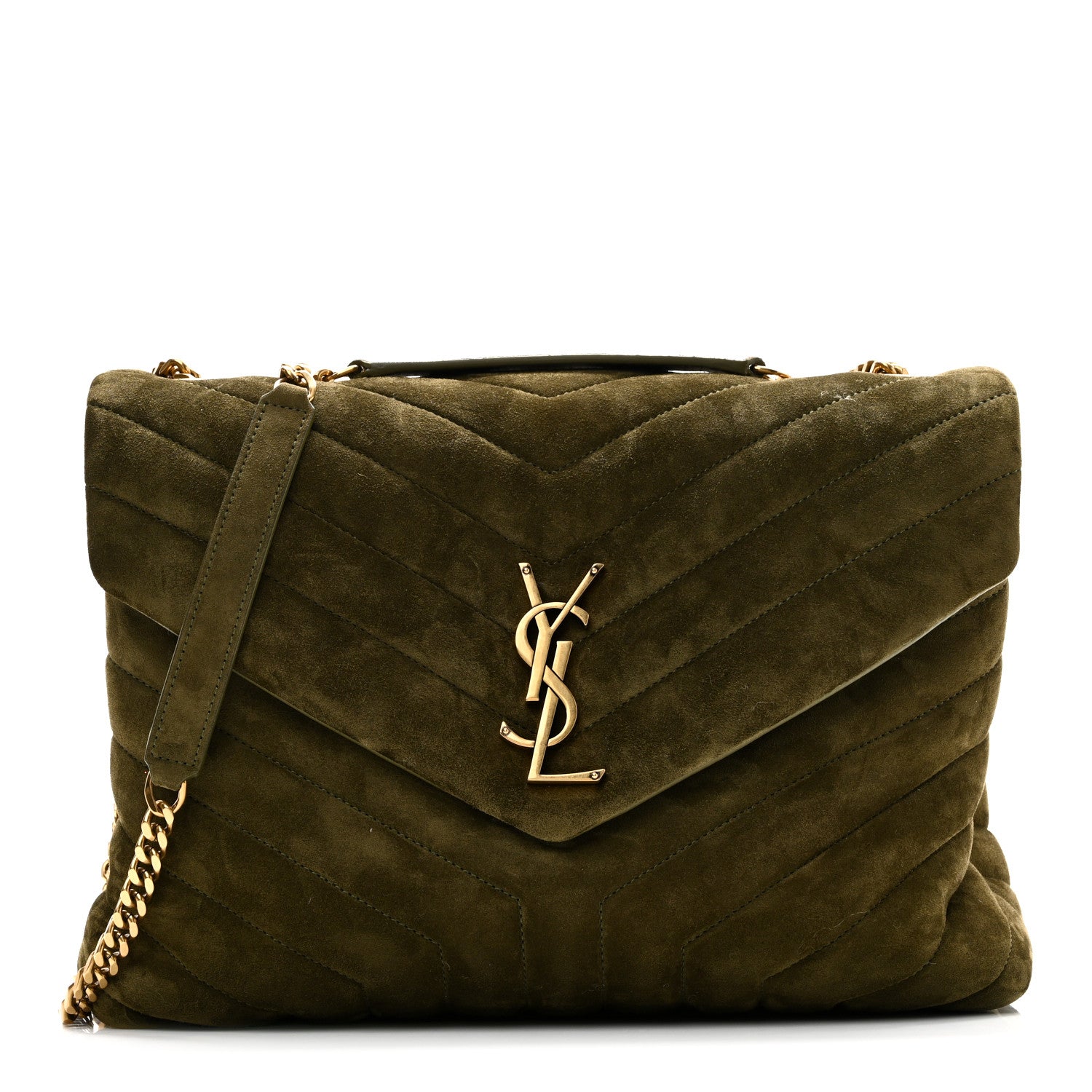Saint Laurent Suede Y Quilted Monogram Medium Loulou Chain Satchel Loden Green 1 of 10