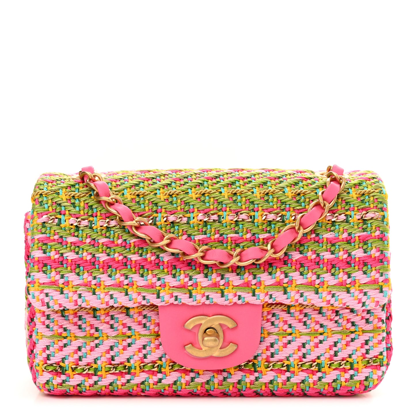 Cotton Mixed Fibers Woven Mini Rectangular Flap Pink Green