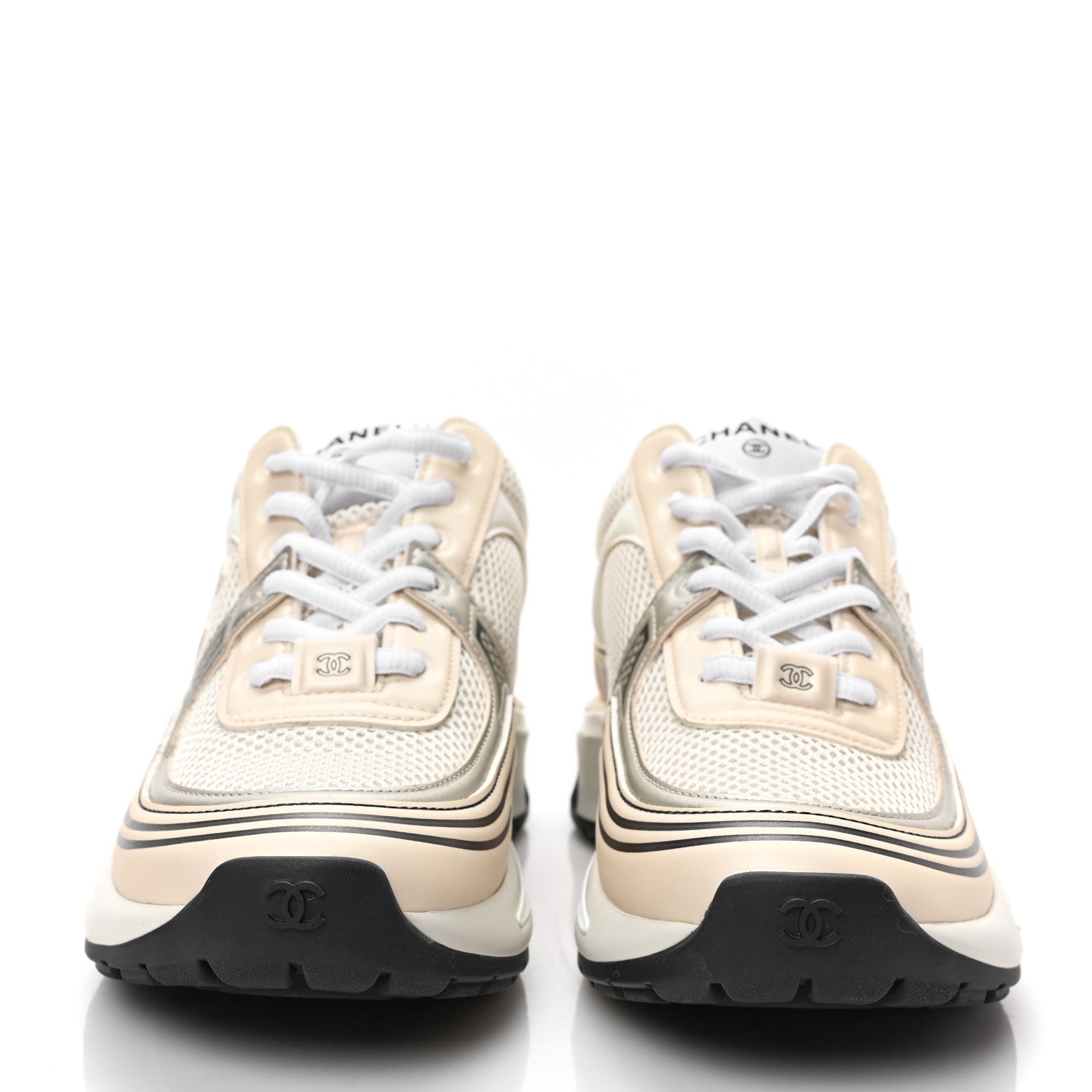 Chanel Fabric Laminated Calfskin Stretch CC Womens Sneakers 37.5 White Gold Silver 2 of 8