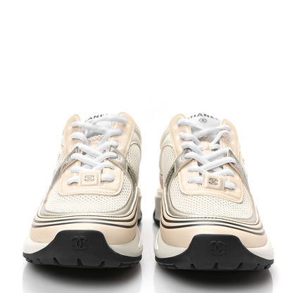 Chanel Fabric Laminated Calfskin Stretch CC Womens Sneakers 37.5 White Gold Silver 2 of 8