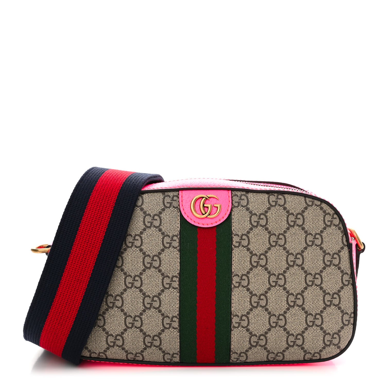 Gucci GG Supreme Monogram Textured Dollar Calfskin Web Ophidia Small Crossbody Bag Beige Ebony Fuchsia 1 of 10