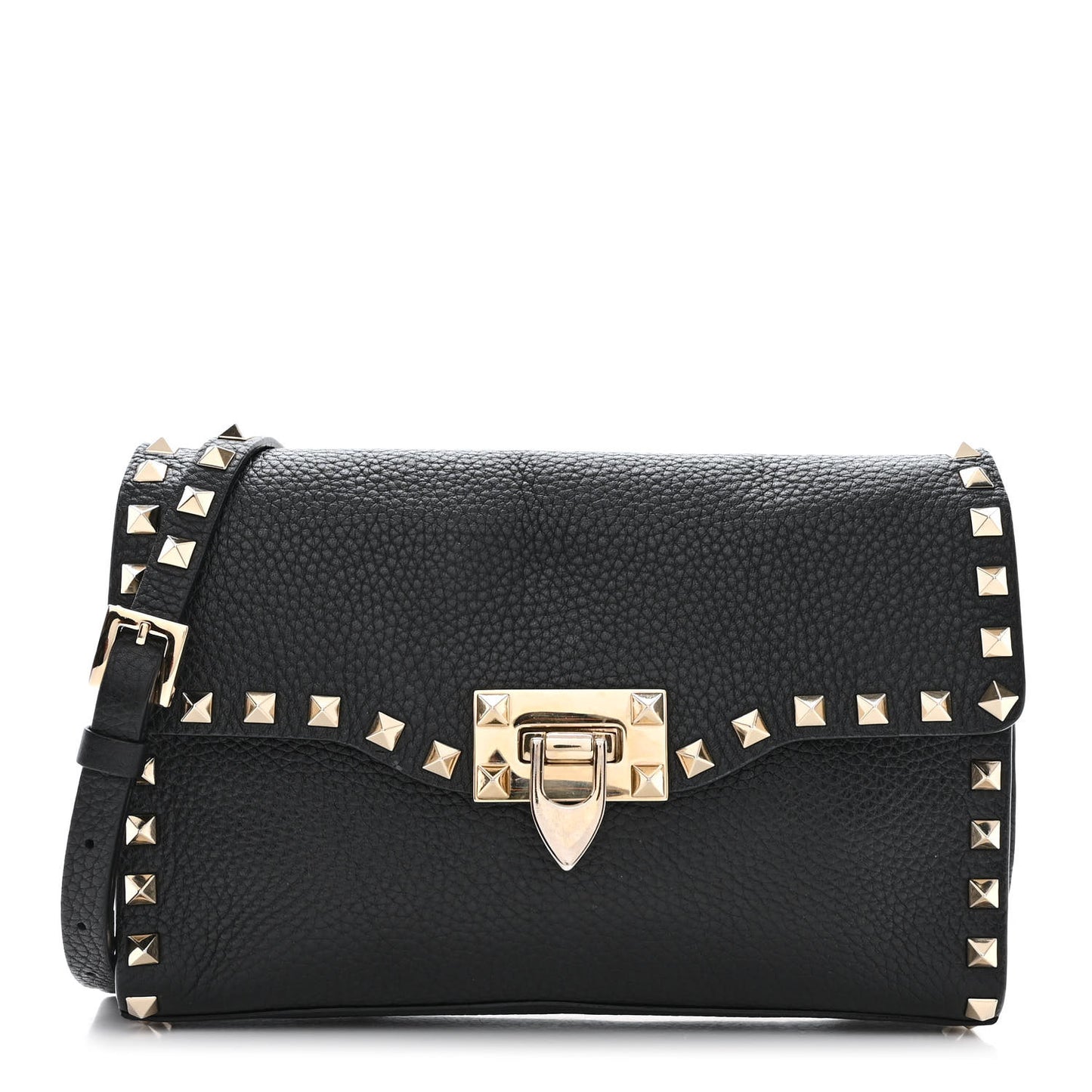 Pebbled Calfskin Medium Rockstud Flip Lock Crossbody Bag Black