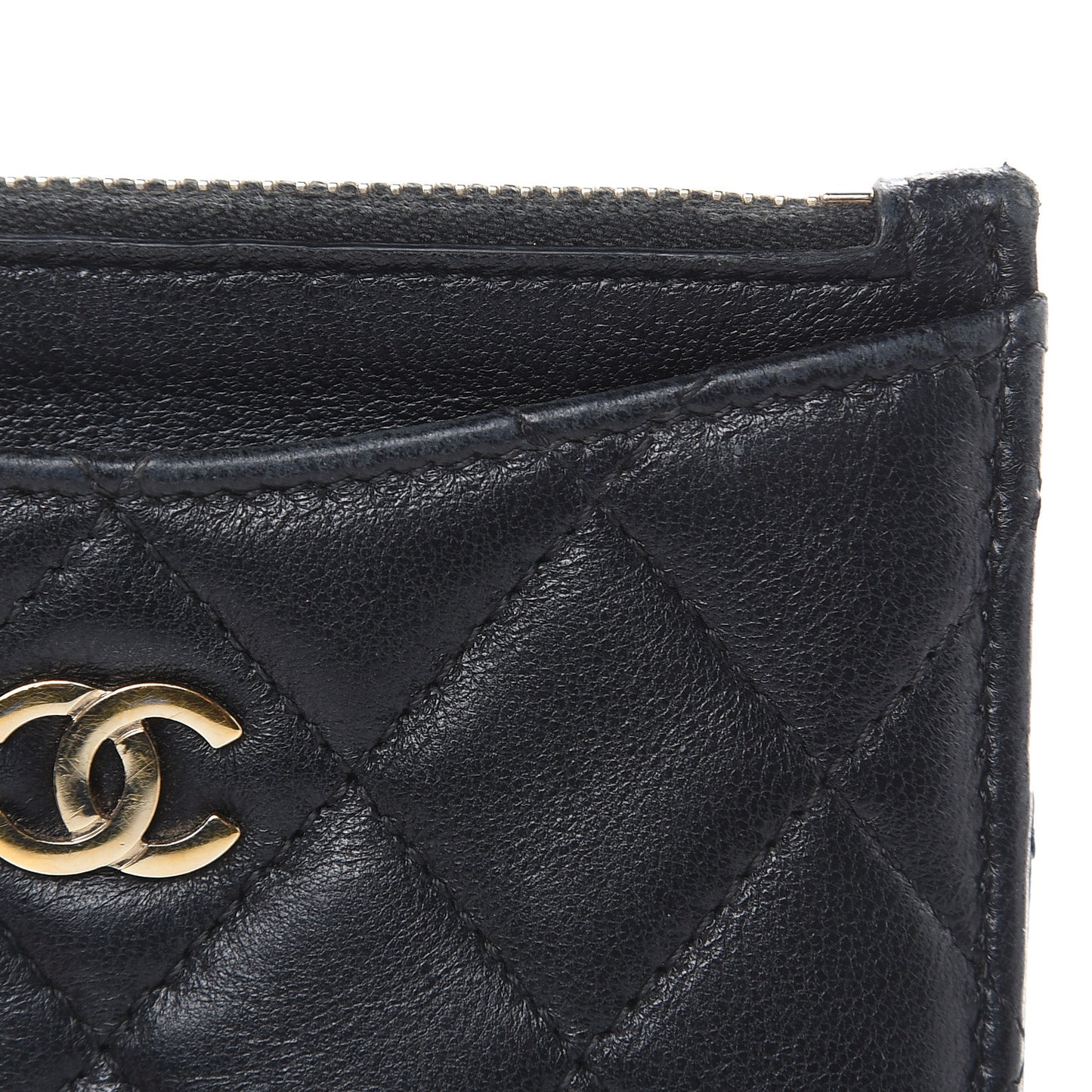 Lambskin Quilted Zip Card Holder Black
