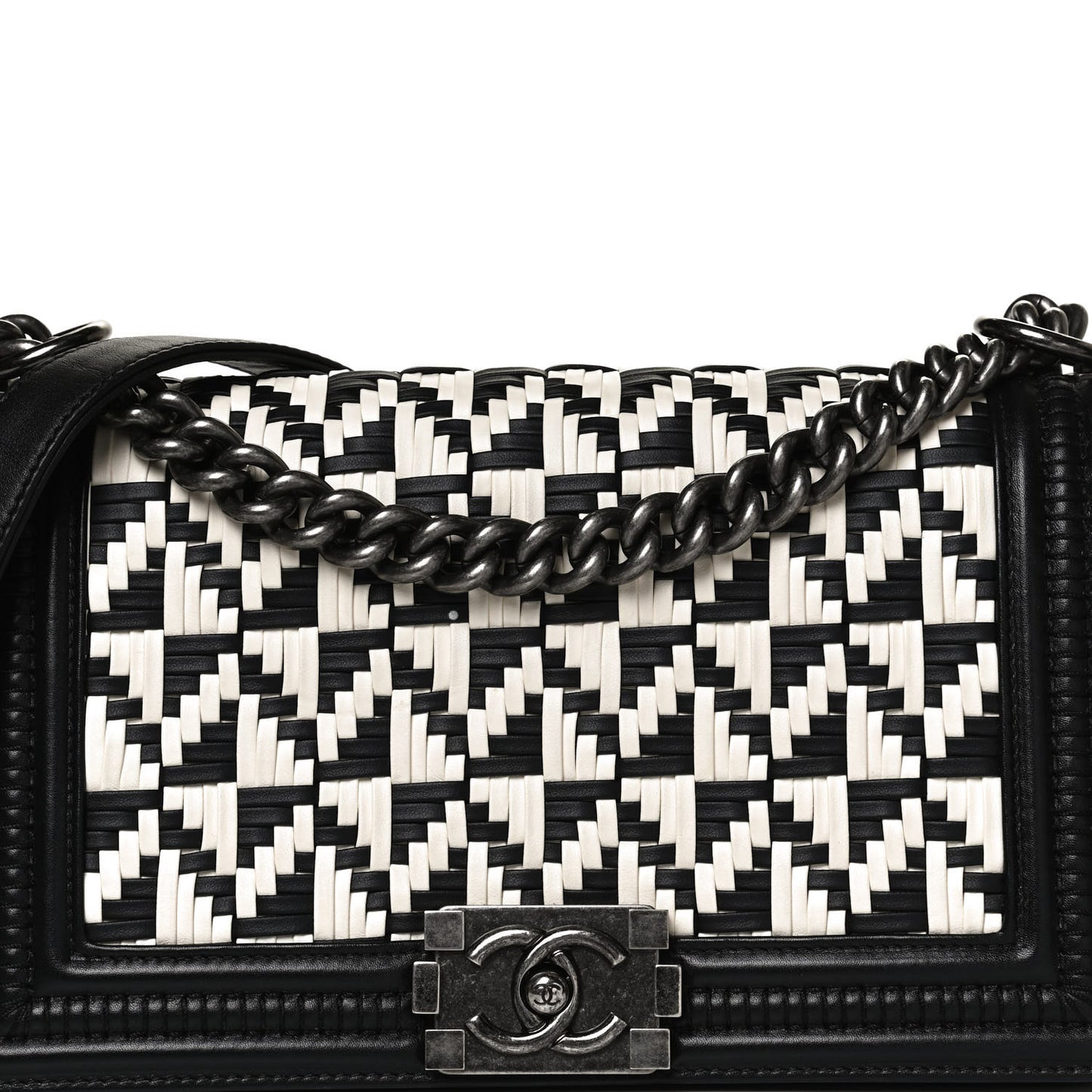 Calfskin Woven Medium Boy Flap Black White
