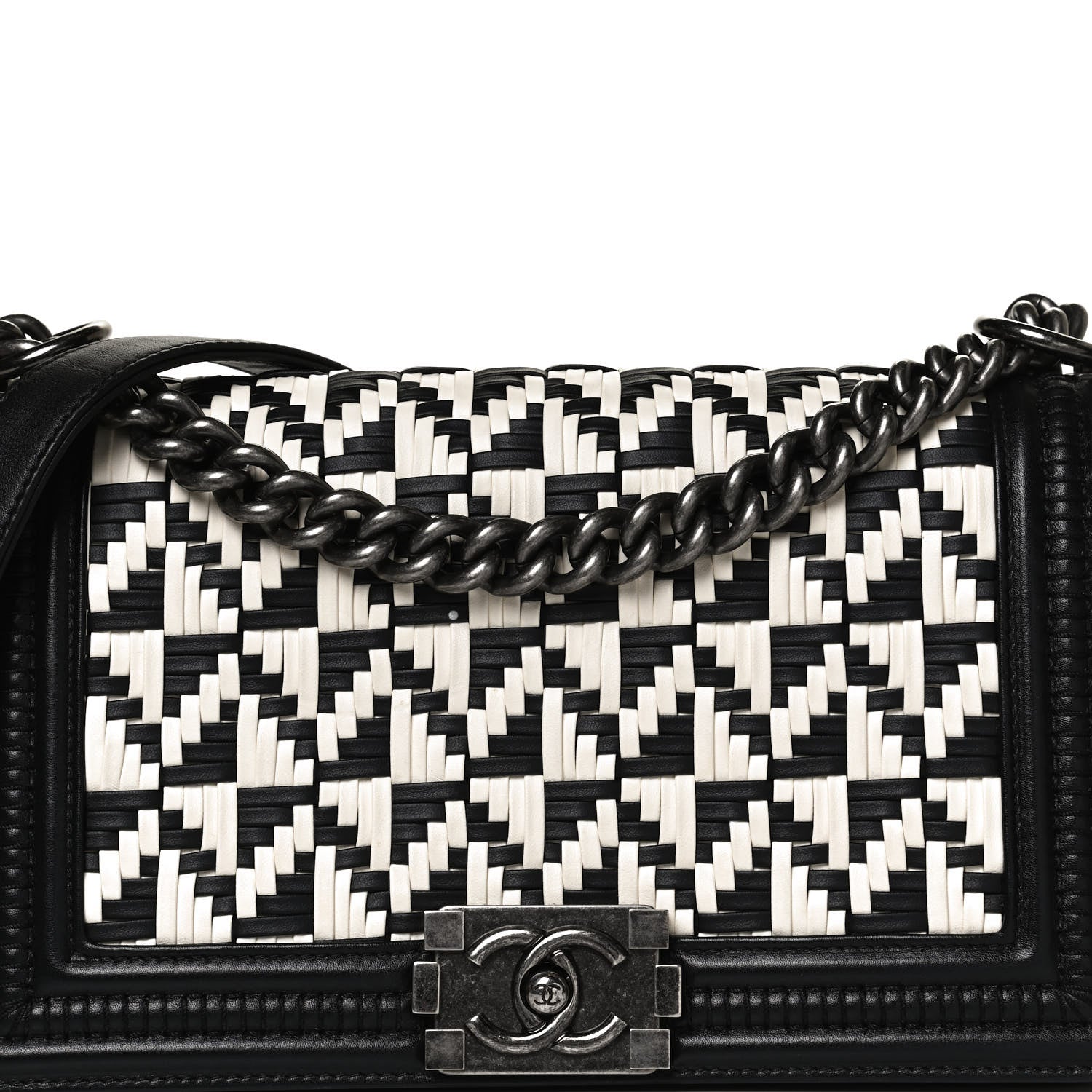 Chanel Calfskin Woven Medium Boy Flap Black White 8 of 11