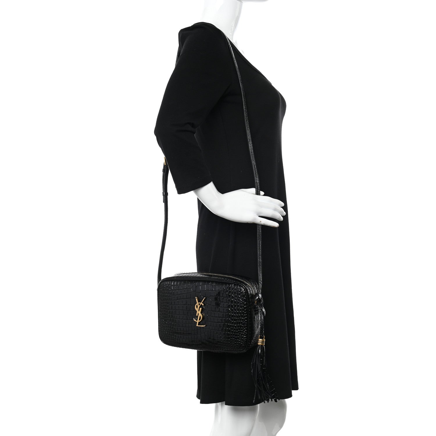 Saint Laurent Patent Calfskin Crocodile Embossed Monogram Lou Camera Bag Black 2 of 11