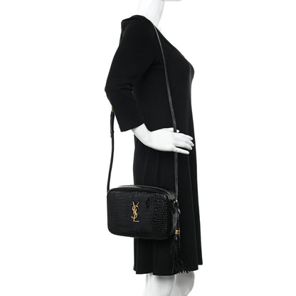 Saint Laurent Patent Calfskin Crocodile Embossed Monogram Lou Camera Bag Black 2 of 11