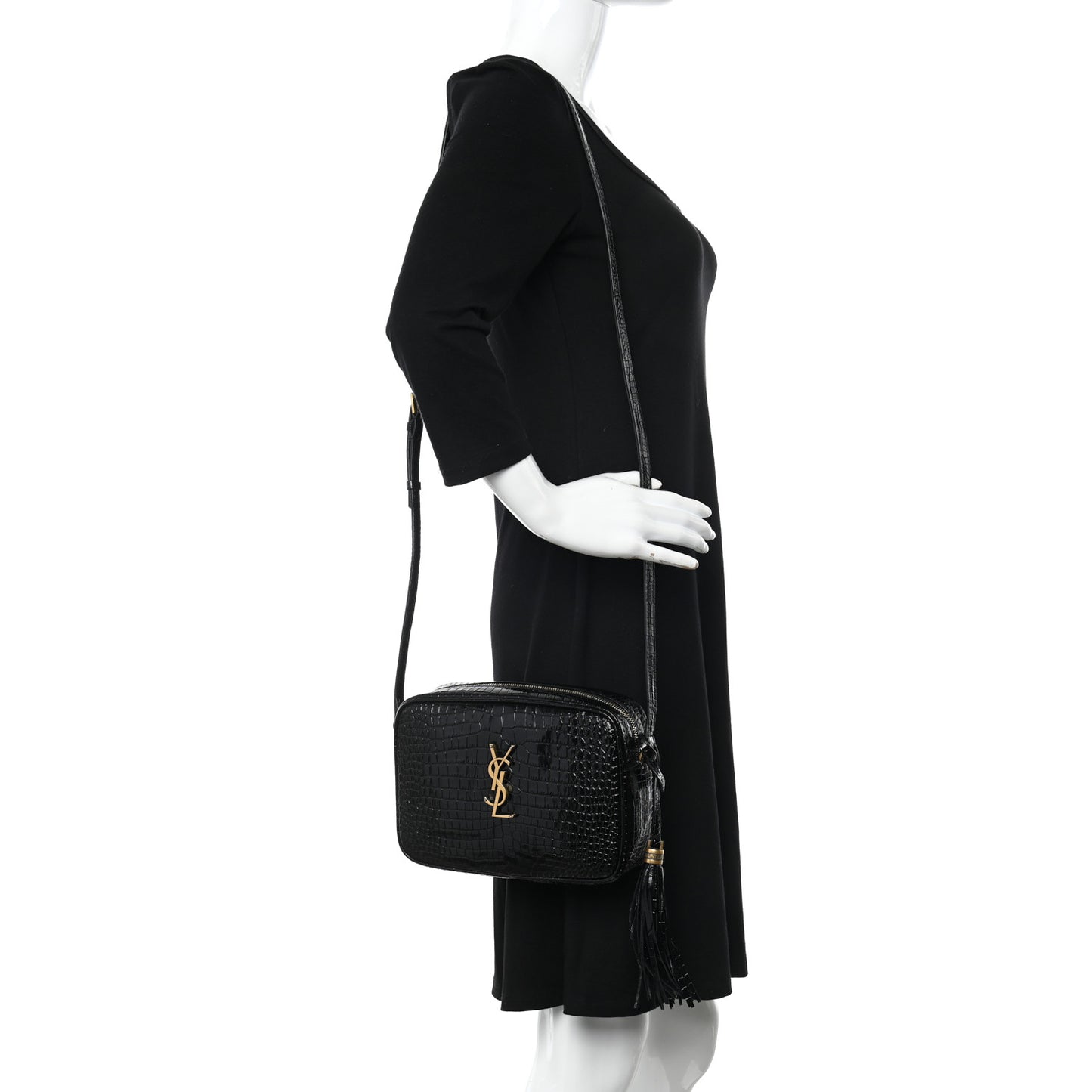 Patent Calfskin Crocodile Embossed Monogram Lou Camera Bag Black