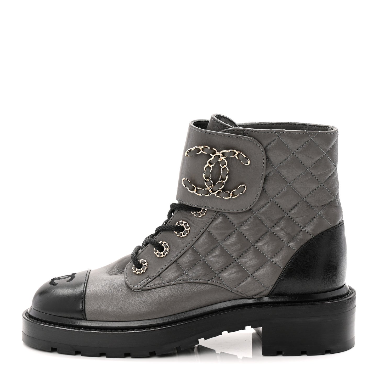 Shiny Lambskin Quilted Lace Up Combat Boots 37 Grey Black