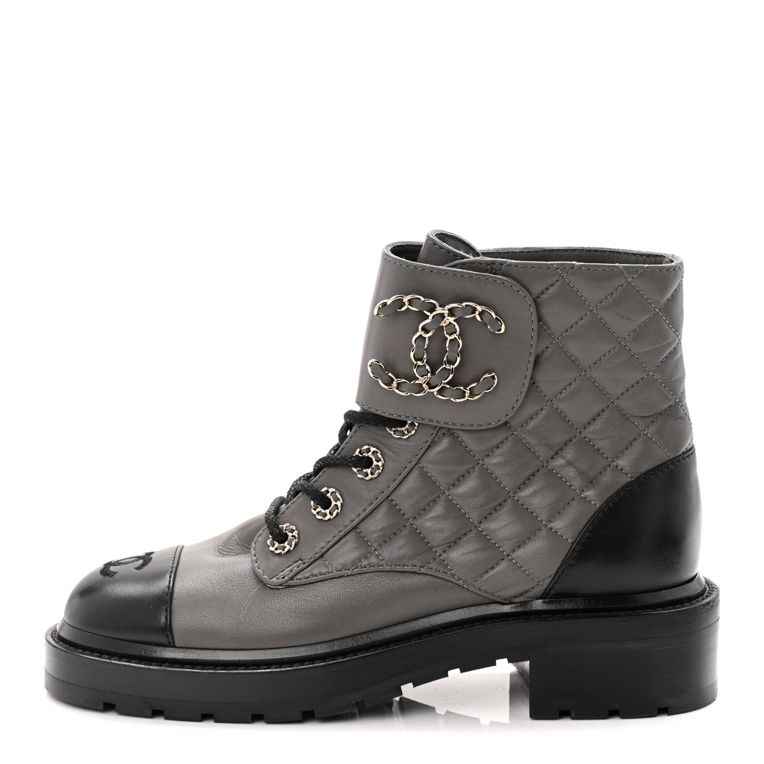 Chanel Shiny Lambskin Quilted Lace Up Combat Boots 37 Grey Black 1 of 11