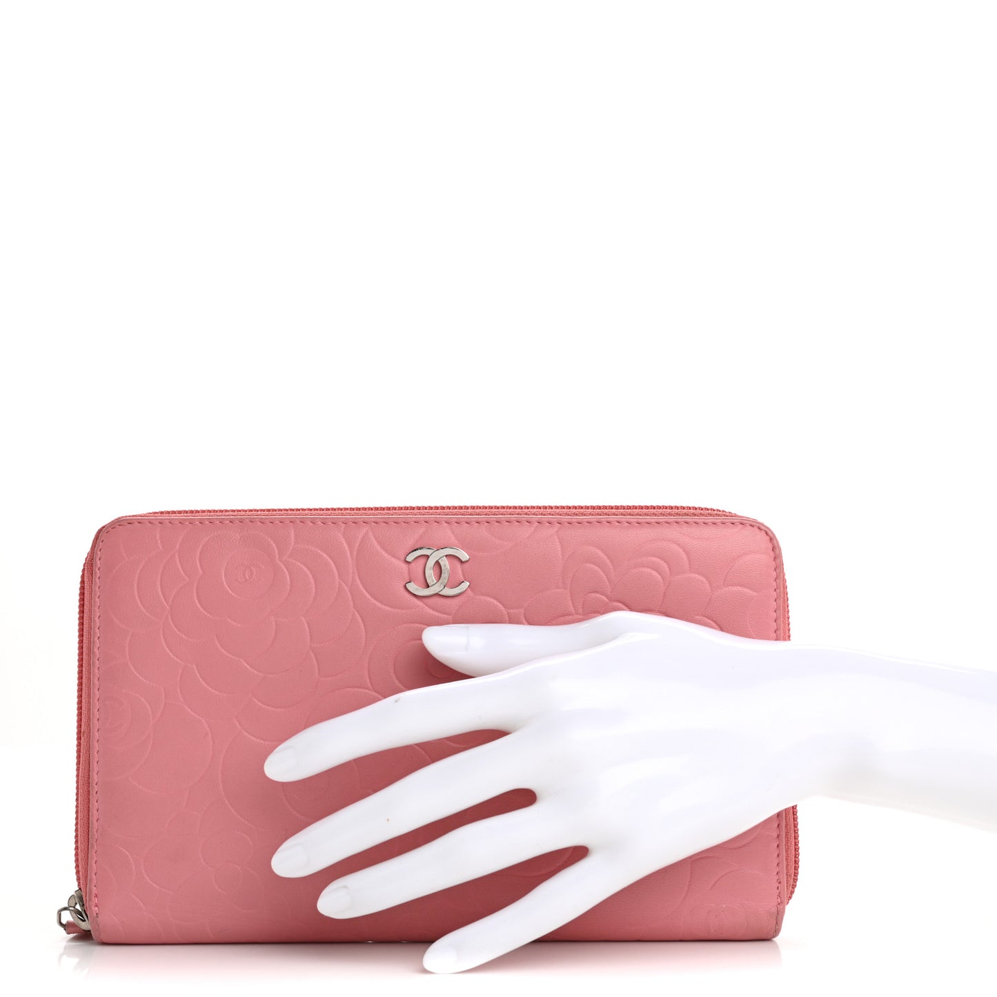 Lambskin Camellia Embossed Zip Around Organizer Wallet Pink