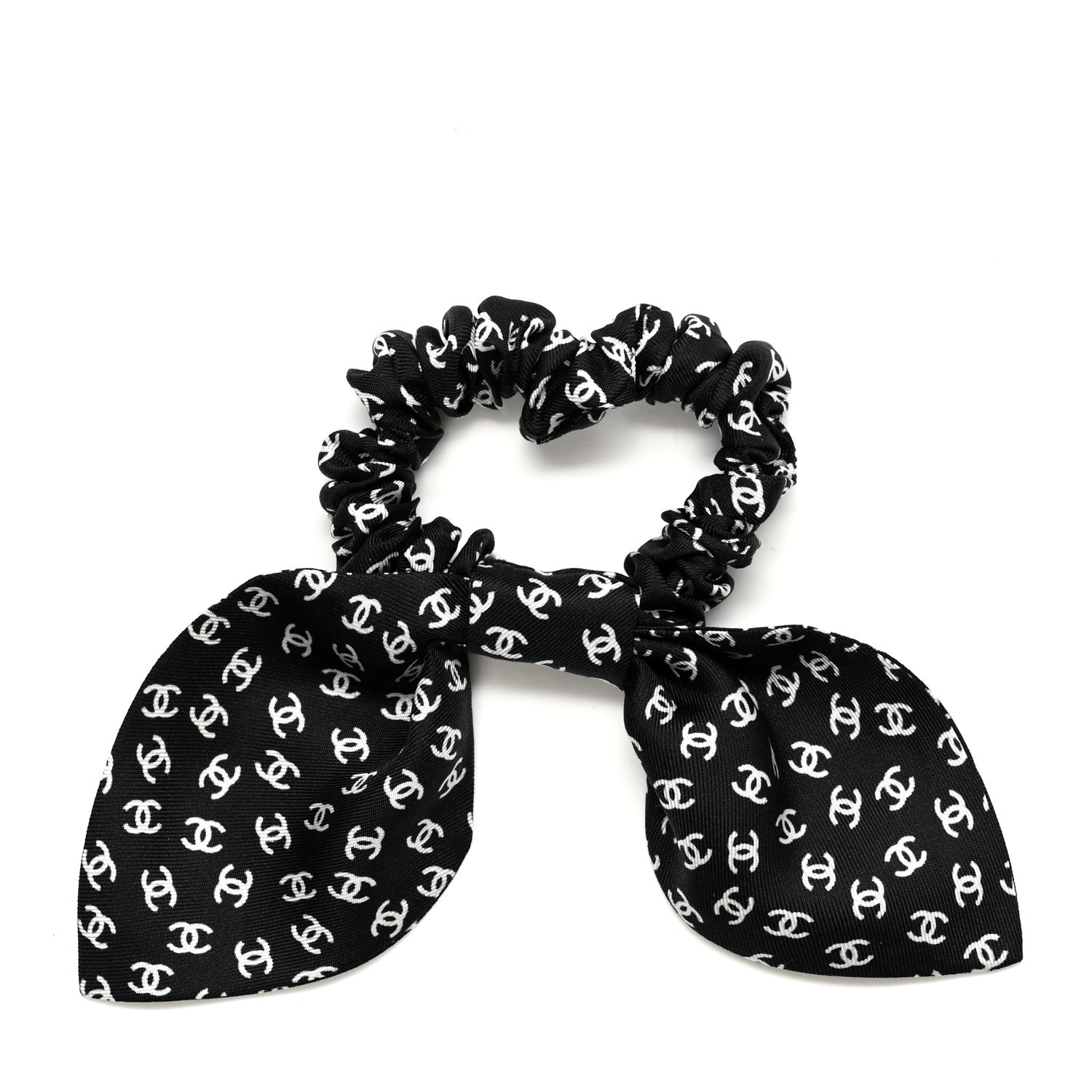 Chanel Silk Twill CC Scarf Hair Tie Black White 1 of 3