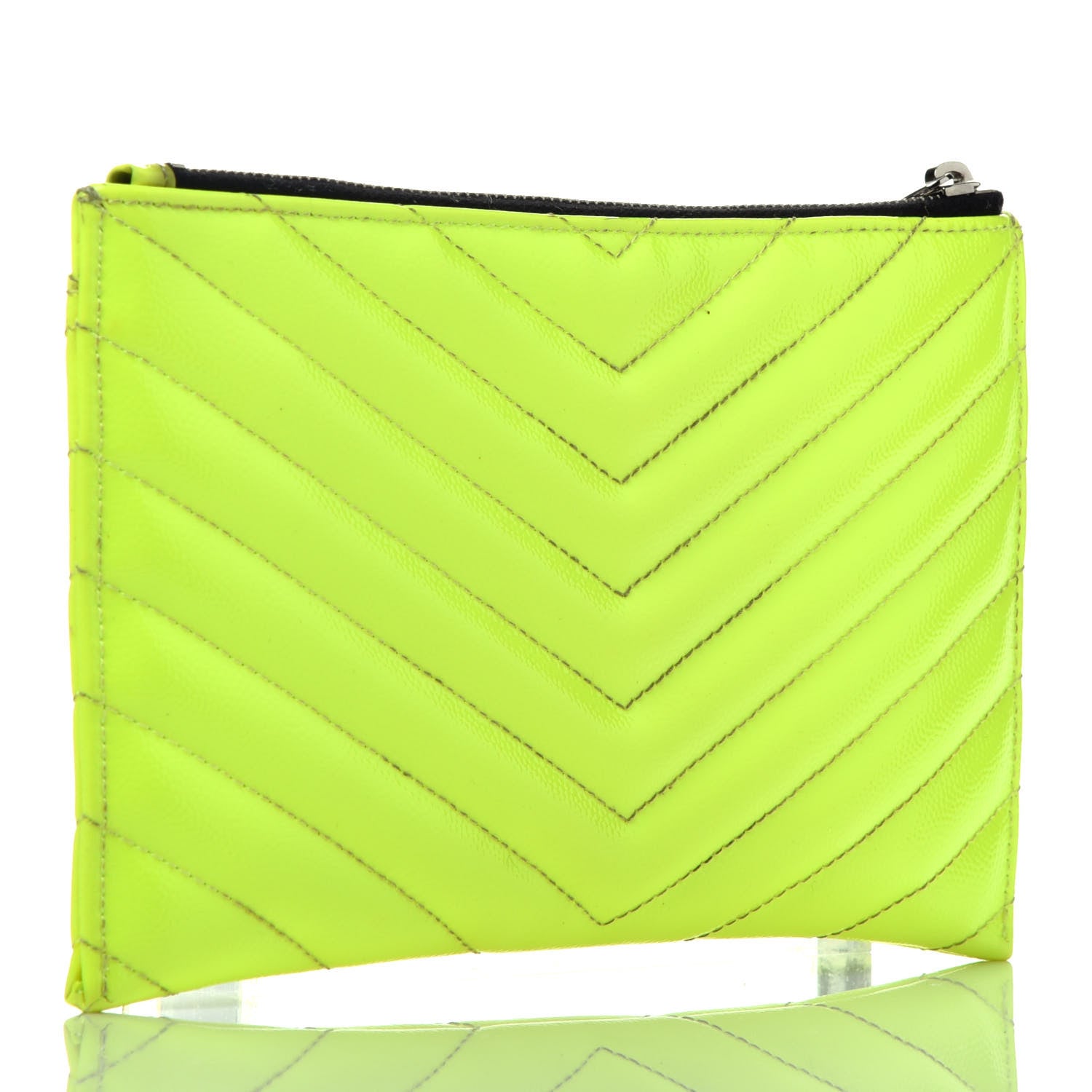 Saint Laurent Patent Grain De Poudre Matelasse Chevron Monogram Bill Pouch Neon Yellow 3 of 7
