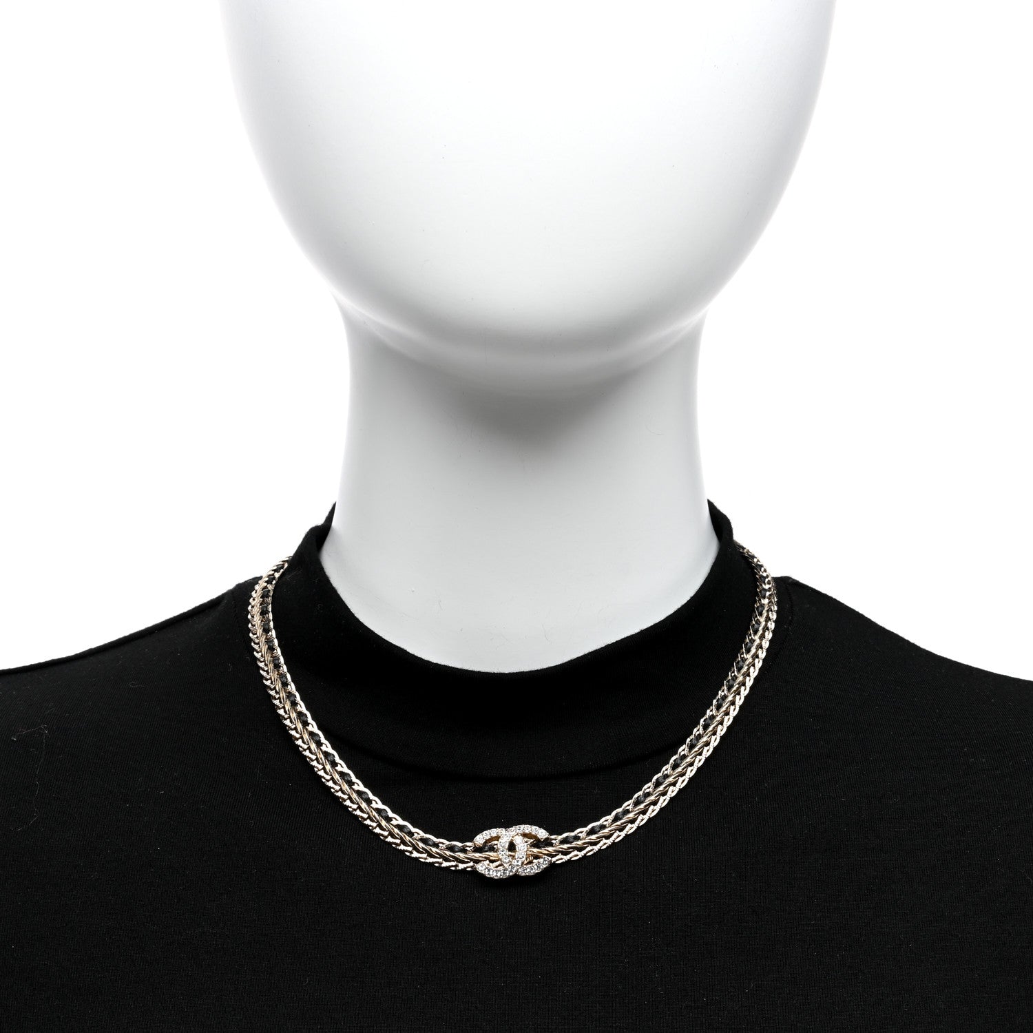 Chanel Metal Lambskin Crystal Chain CC Necklace Black Gold 3 of 5