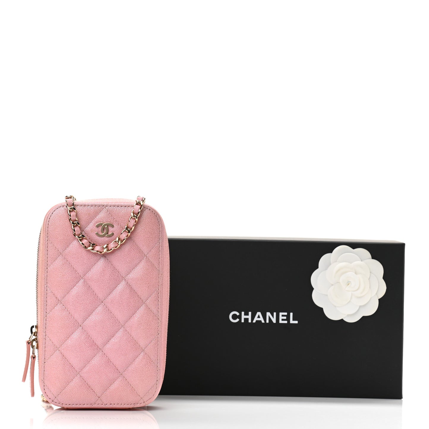 Iridescent Caviar Quilted Zip Phone Case Pink