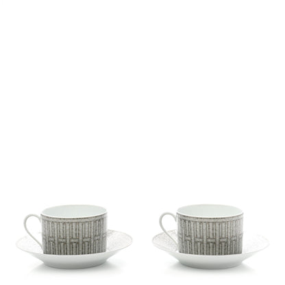 Hermes Porcelain Mosaique Au 24 Breakfast Cup And Saucer Set Of 2 Platine 1 of 10