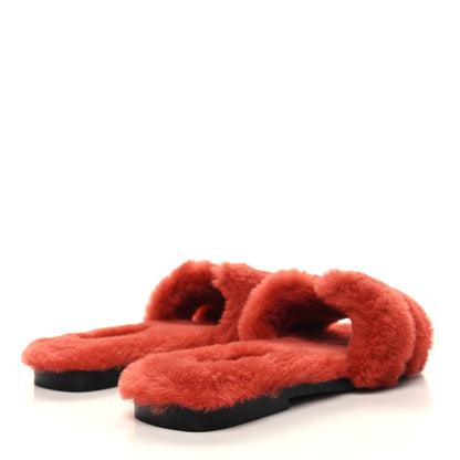 Hermes Woolskin Oran Sandals 37.5 Rouge De Turin 4 of 8