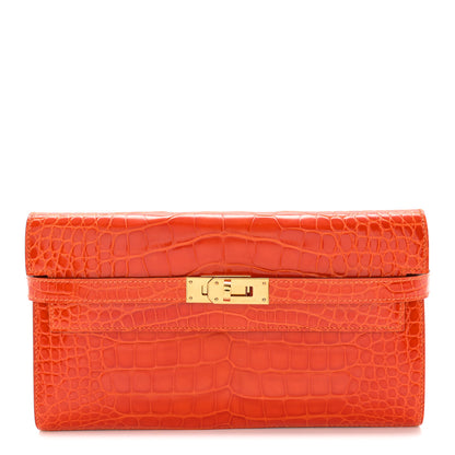 Hermes Shiny Alligator Kelly Longue Wallet Orange 1 of 11