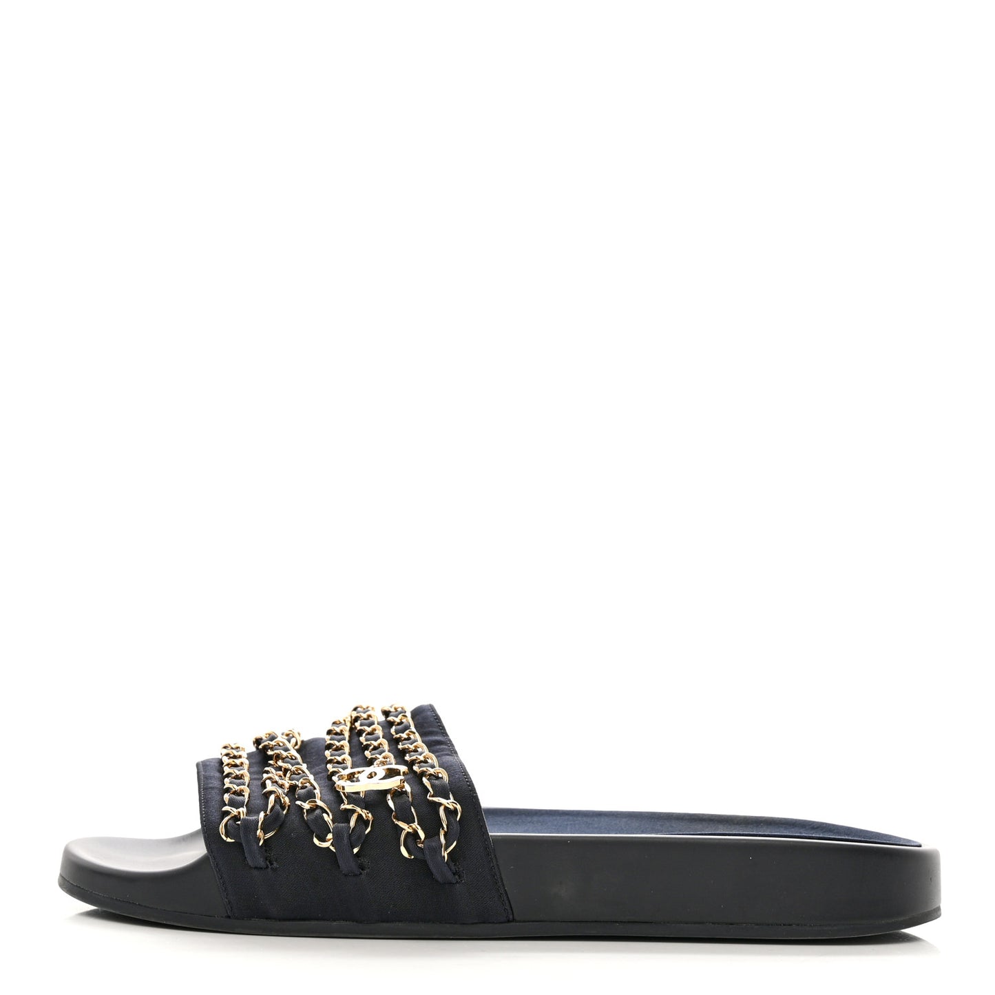 Satin Canvas Chain Slides Sandals Flats 40 Marine
